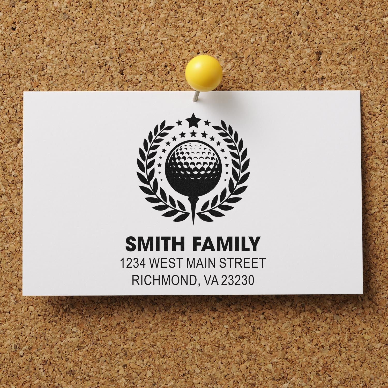 Custom family return address rubber stamp with golf ball monogram and Smith Family name for envelopes