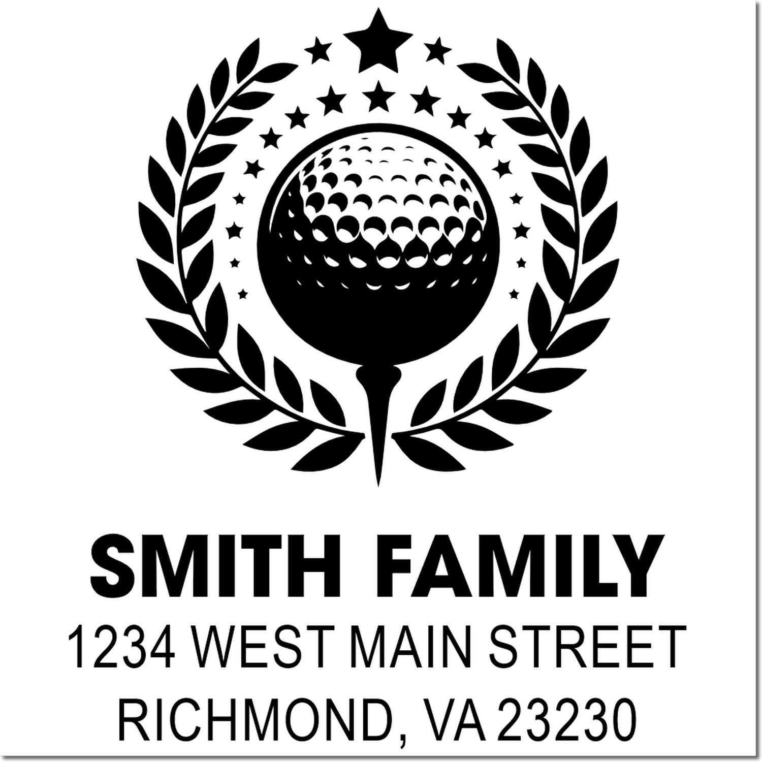 Custom family return address rubber stamp with golf ball logo, laurel wreath, and Smith Family, Richmond, VA 23230.