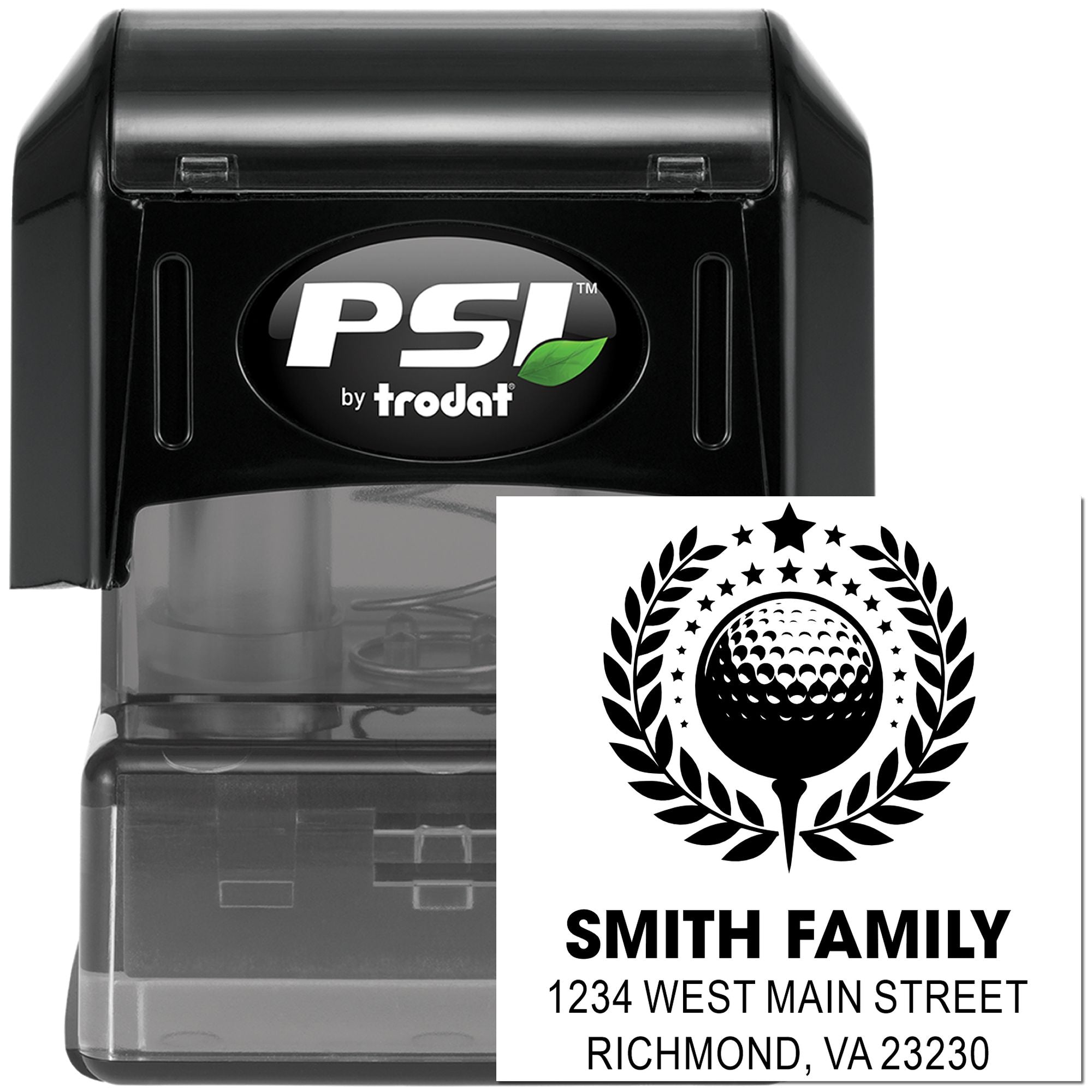 Custom self-inking return address rubber stamp with golf logo design, Smith Family address, and PSI by Trodat case