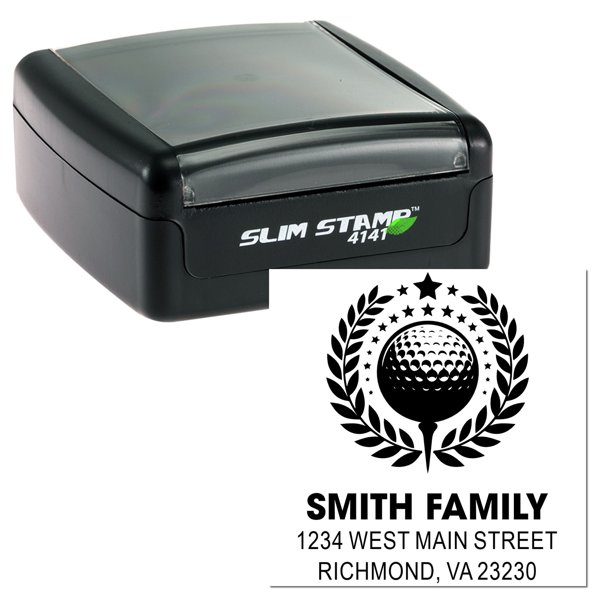 Custom self-inking rubber address stamp with family golf logo and return address for personalized mailings.