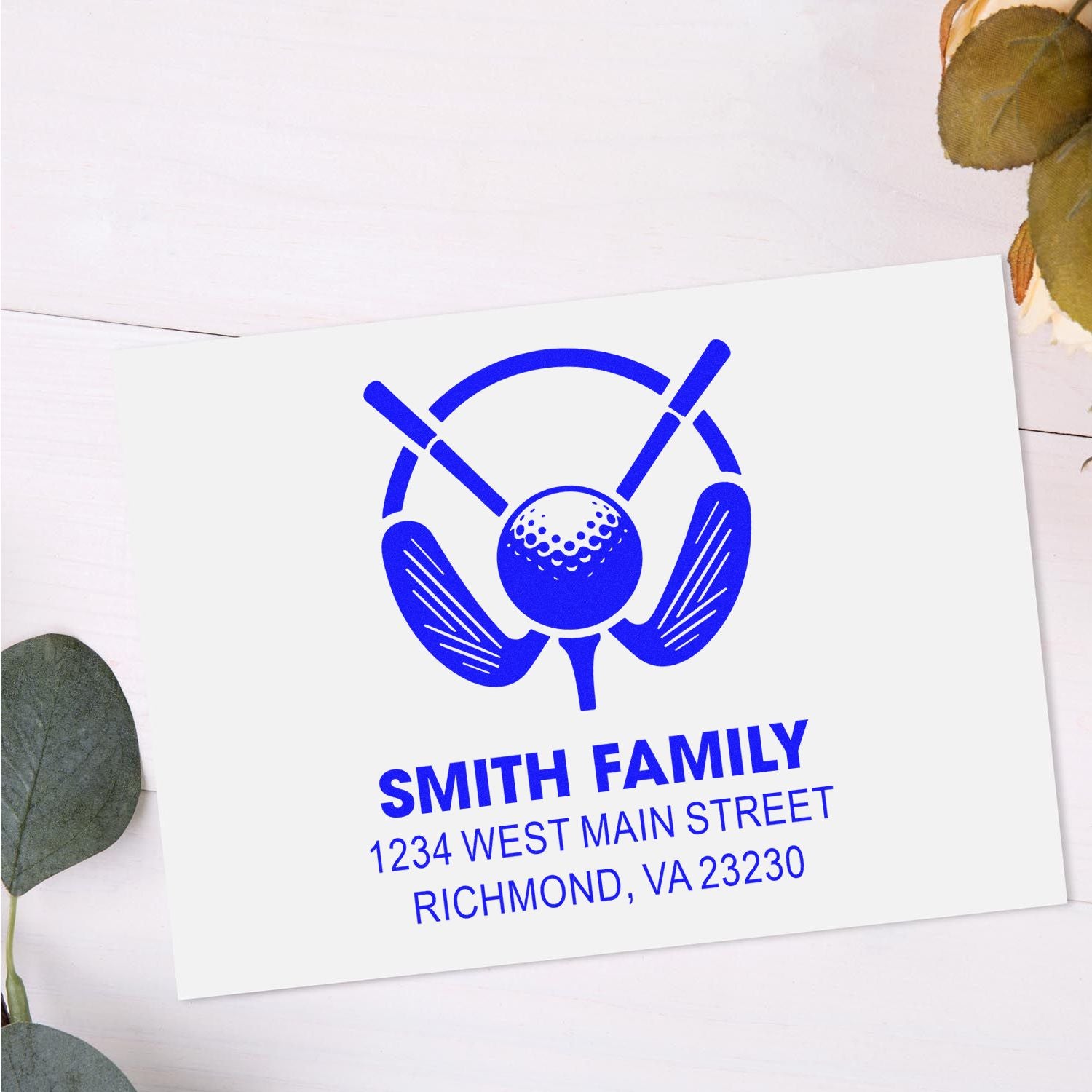 Custom golf family address rubber stamp with golfer logo, Smith Family return address, Richmond VA