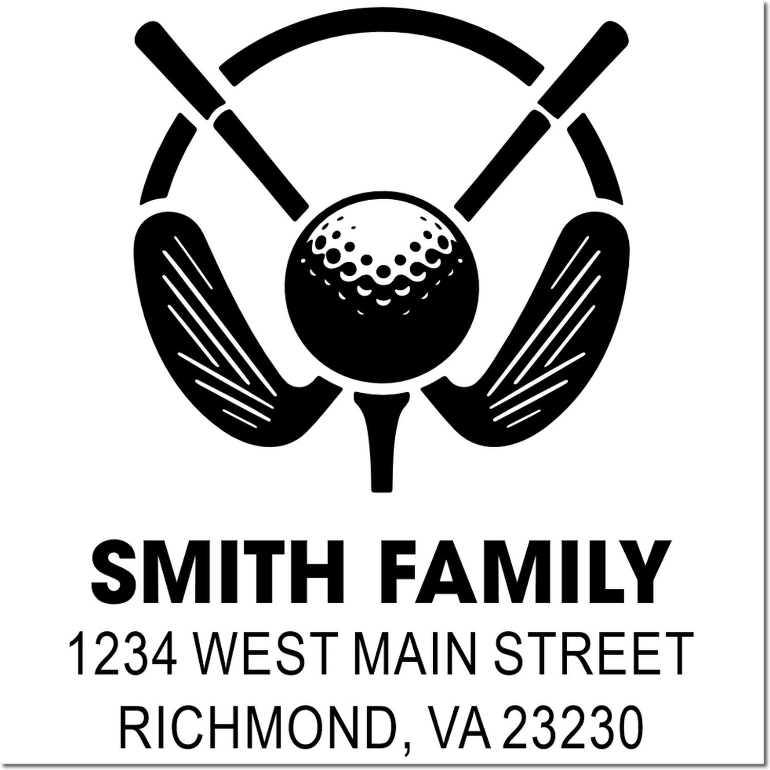 Custom golf family address rubber stamp with Smith Family, 1234 West Main Street, Richmond, VA 23230.