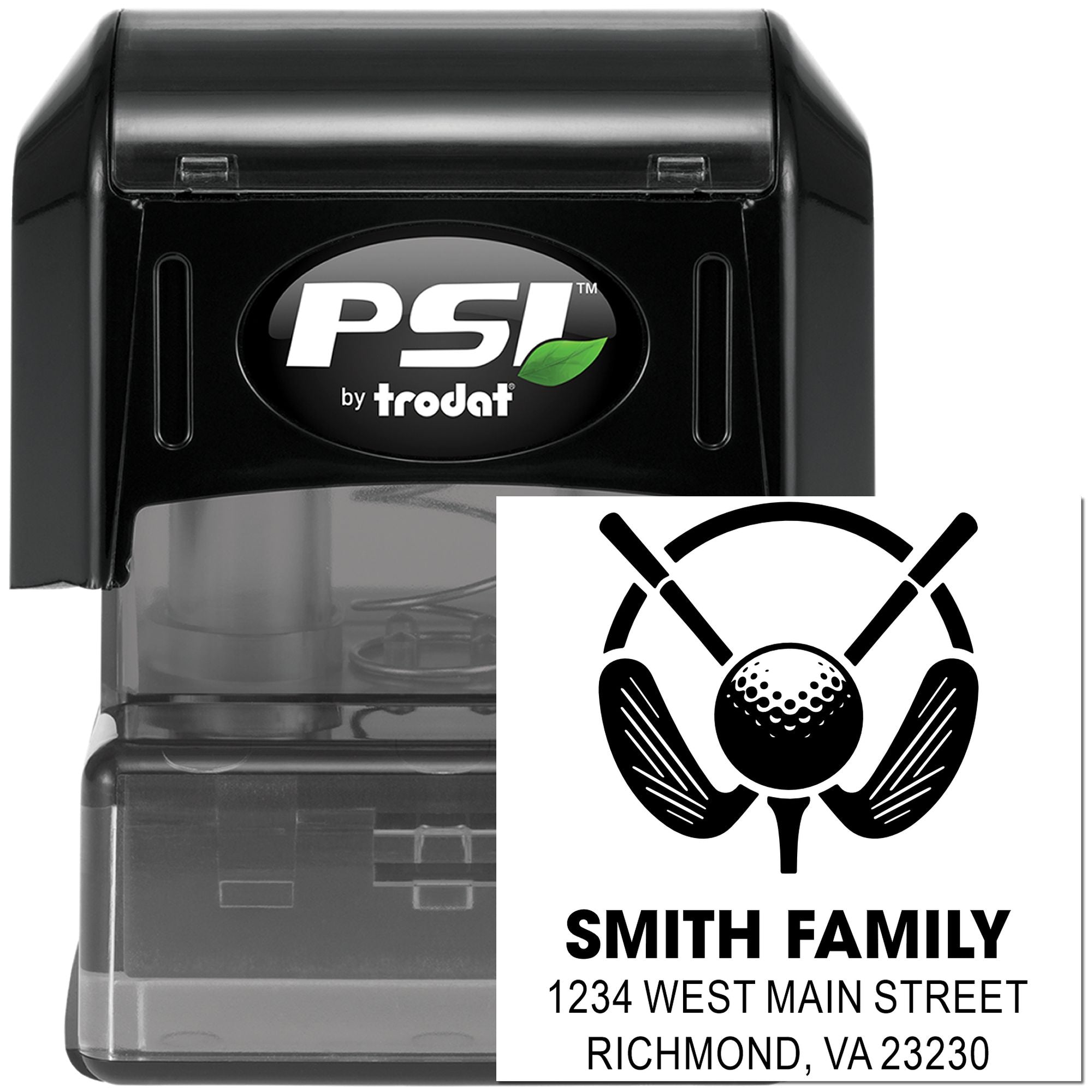 Custom self-inking rubber stamp by PSI Trodat with golf family address design for personalized mailing labels.