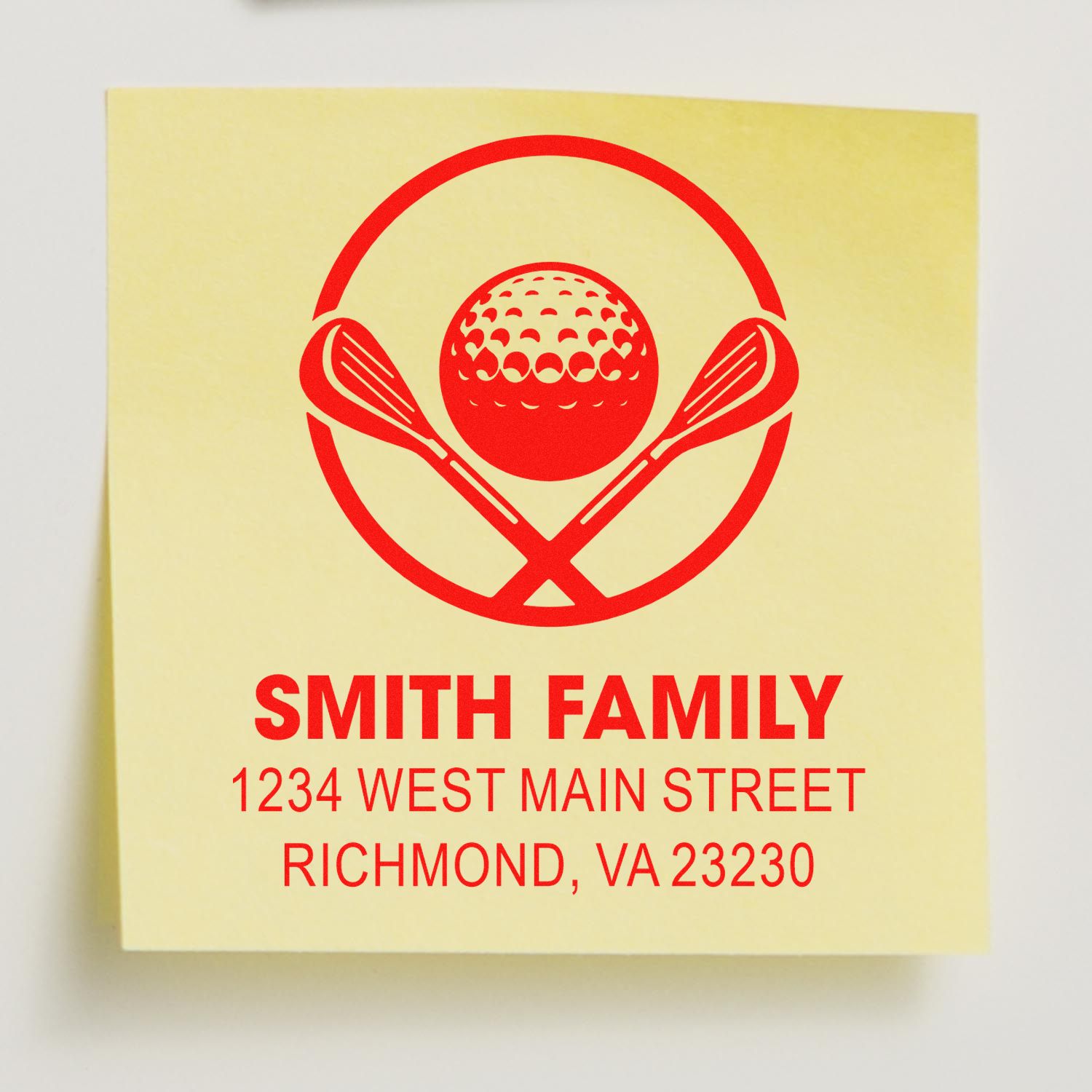 Custom golf return address rubber stamp for Smith Family, with golf ball and crossed clubs logo and Richmond, VA address.