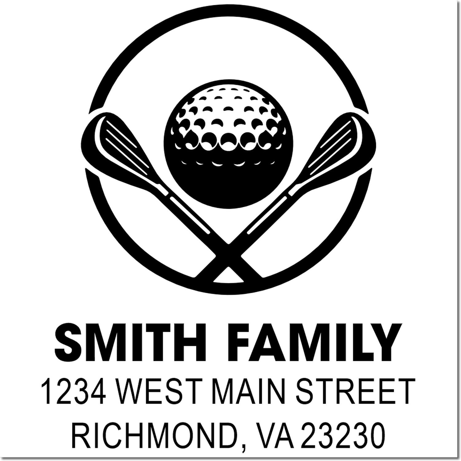 Custom golf family address rubber stamp with crossed clubs, golf ball, Smith Family, and Richmond, VA 23230.