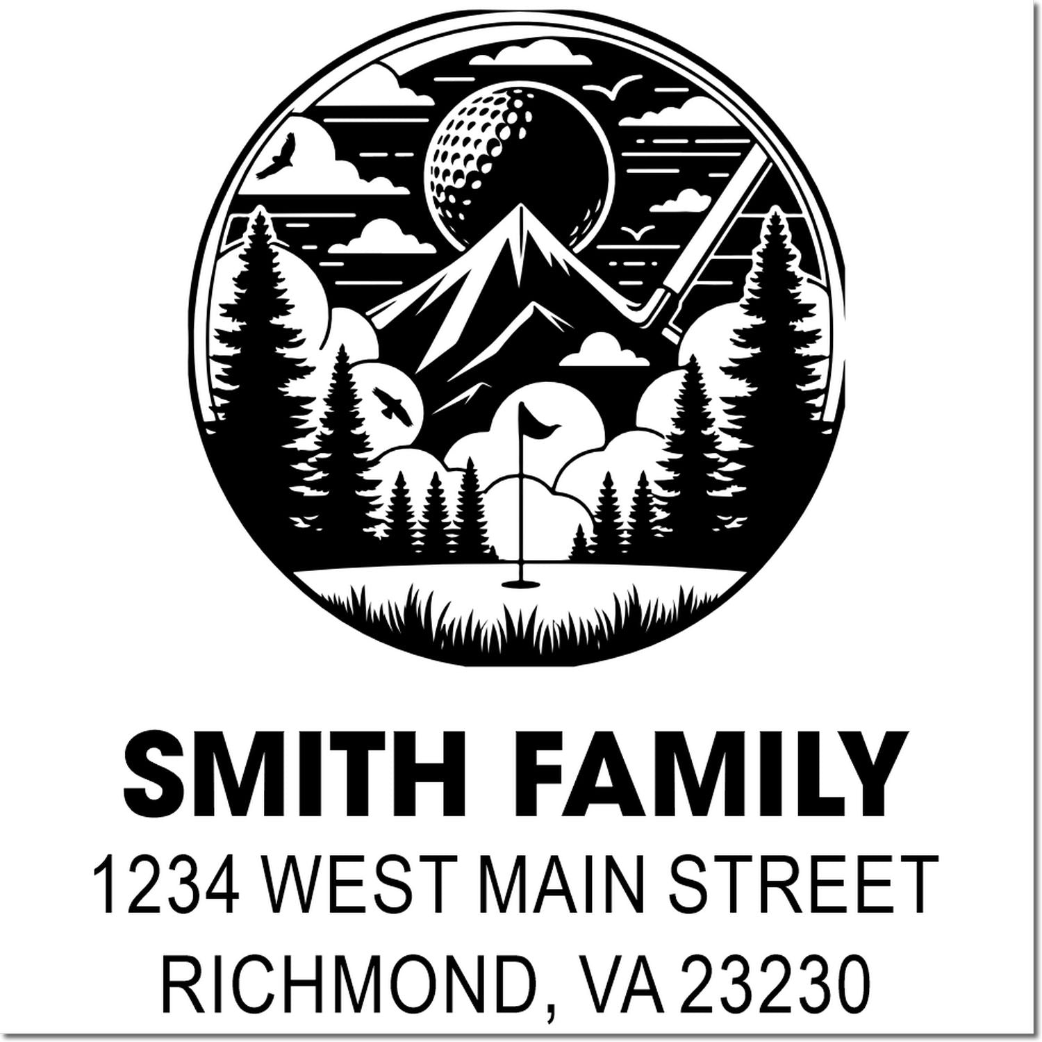 Personalized golf return address stamp with mountain scene, Smith Family, 1234 West Main Street, Richmond, VA 23230.