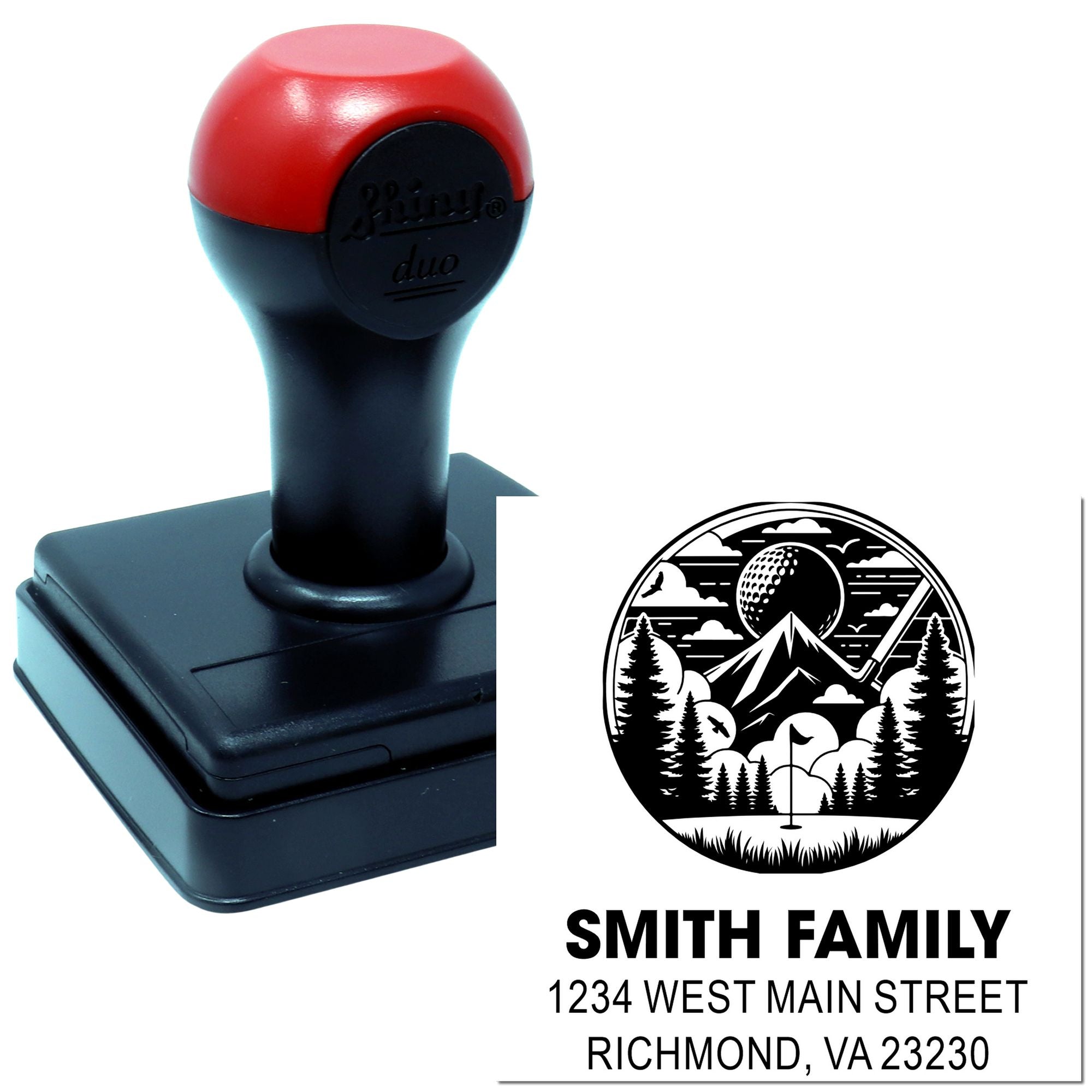 Self-inking custom rubber stamp with family name and address, featuring a scenic logo design for return address mailing.