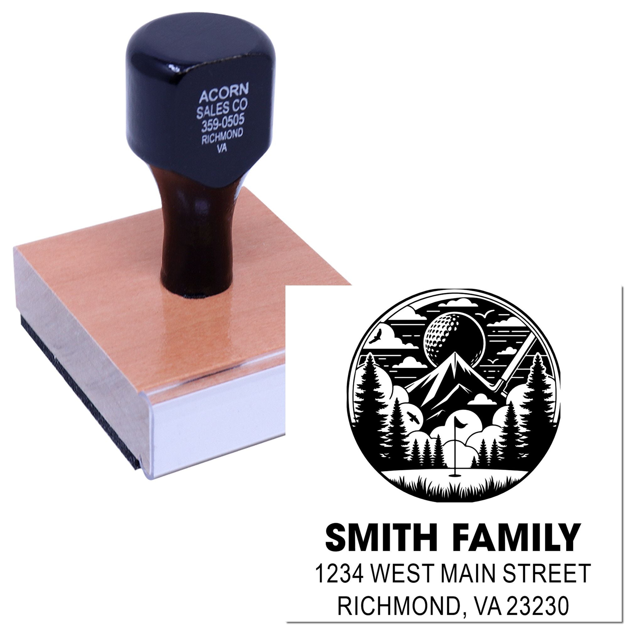 Custom rubber address stamp with golf logo, Smith Family name, and Richmond VA return address for personalized envelopes and mail.