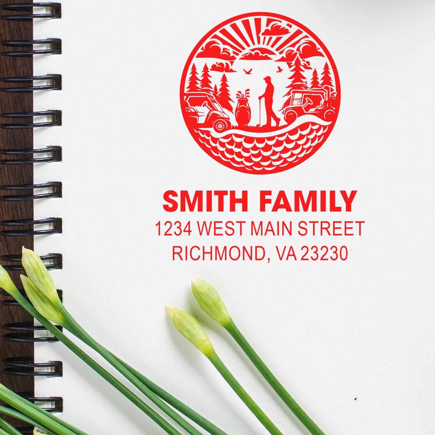 Custom family return address rubber stamp with scenic circular design, Smith Family, and Richmond, VA address