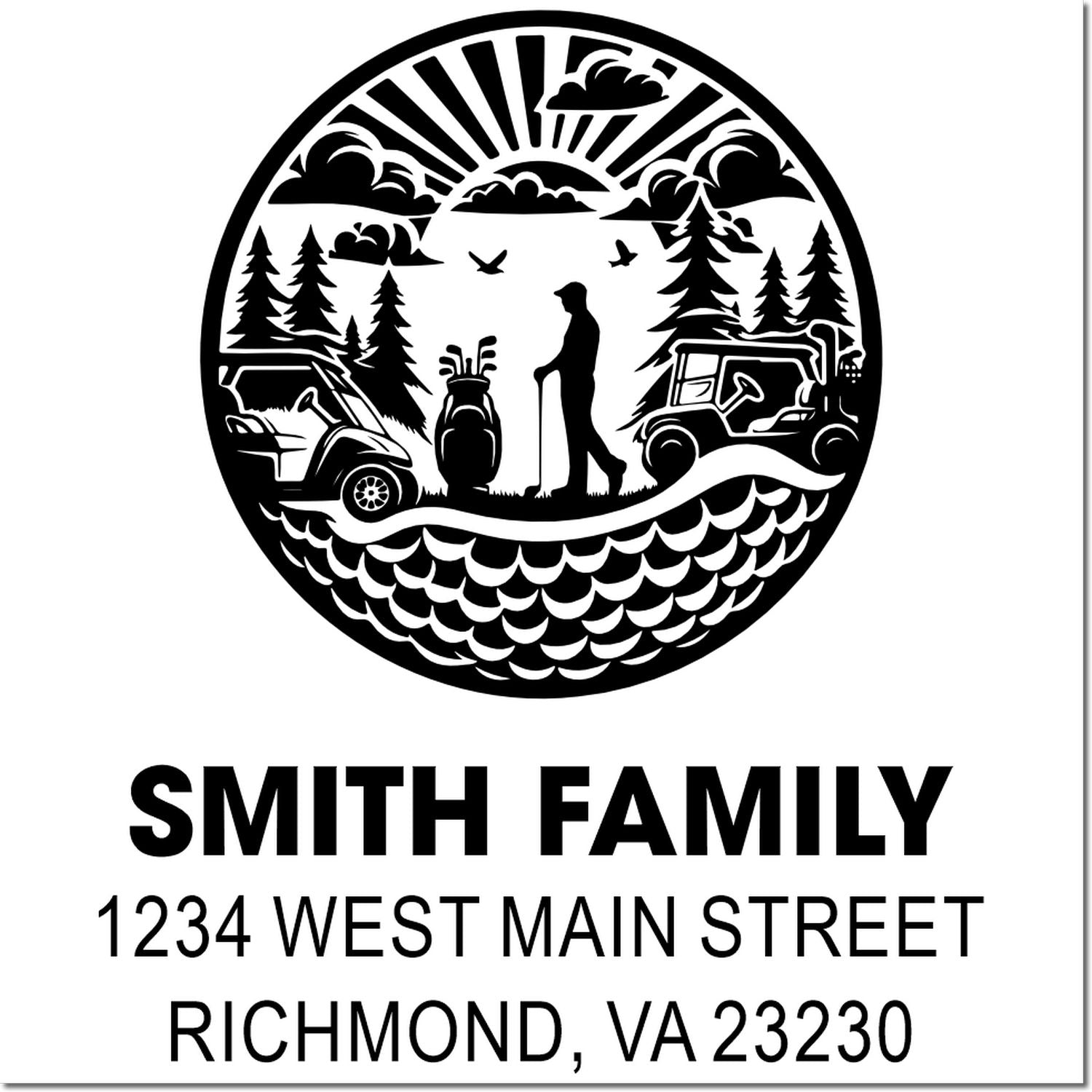 Personalized return address rubber stamp with golf scene for Smith Family, 1234 West Main Street, Richmond, VA 23230.