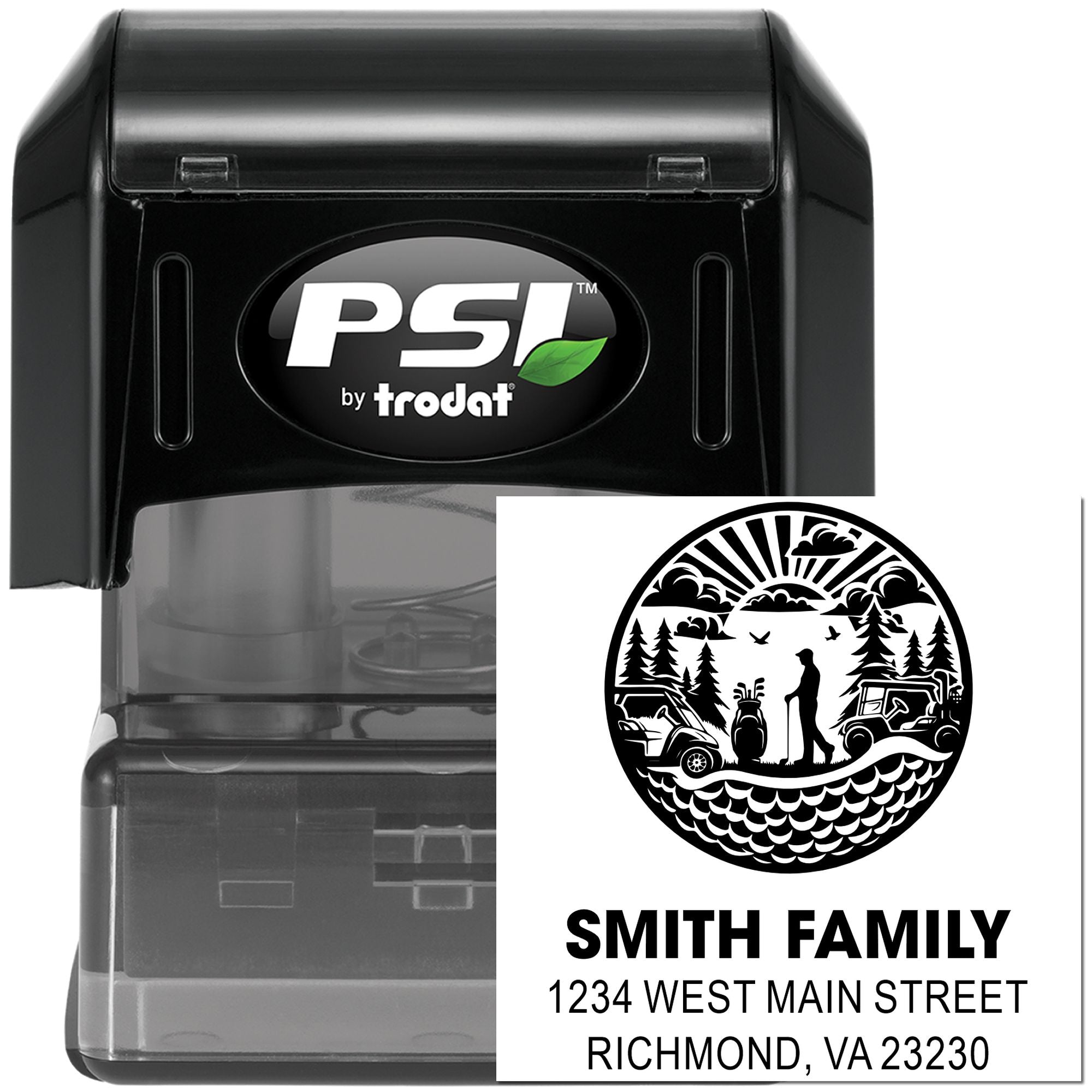 PSI by Trodat self-inking custom address rubber stamp with family monogram and return address