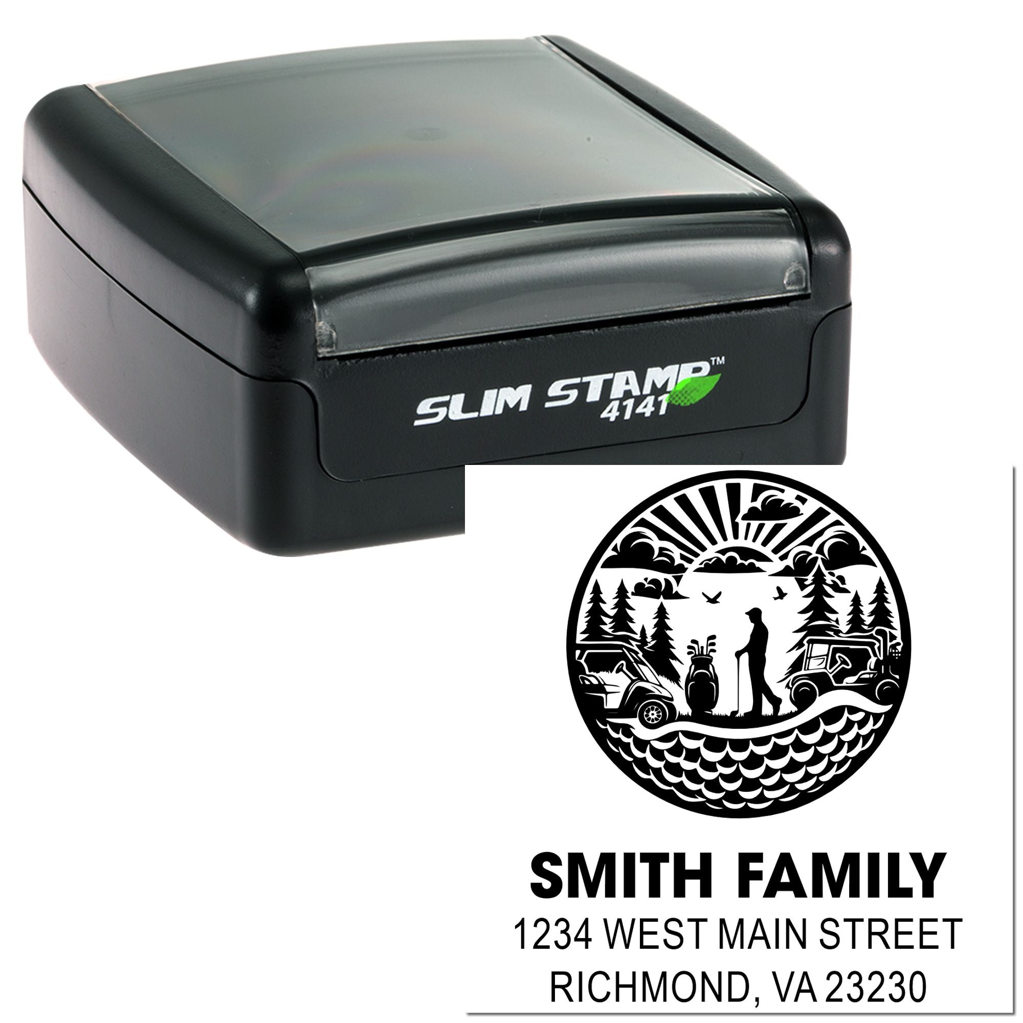 Custom self-inking rubber stamp with family name and address, featuring an outdoor golf-and-camping design for mailing.