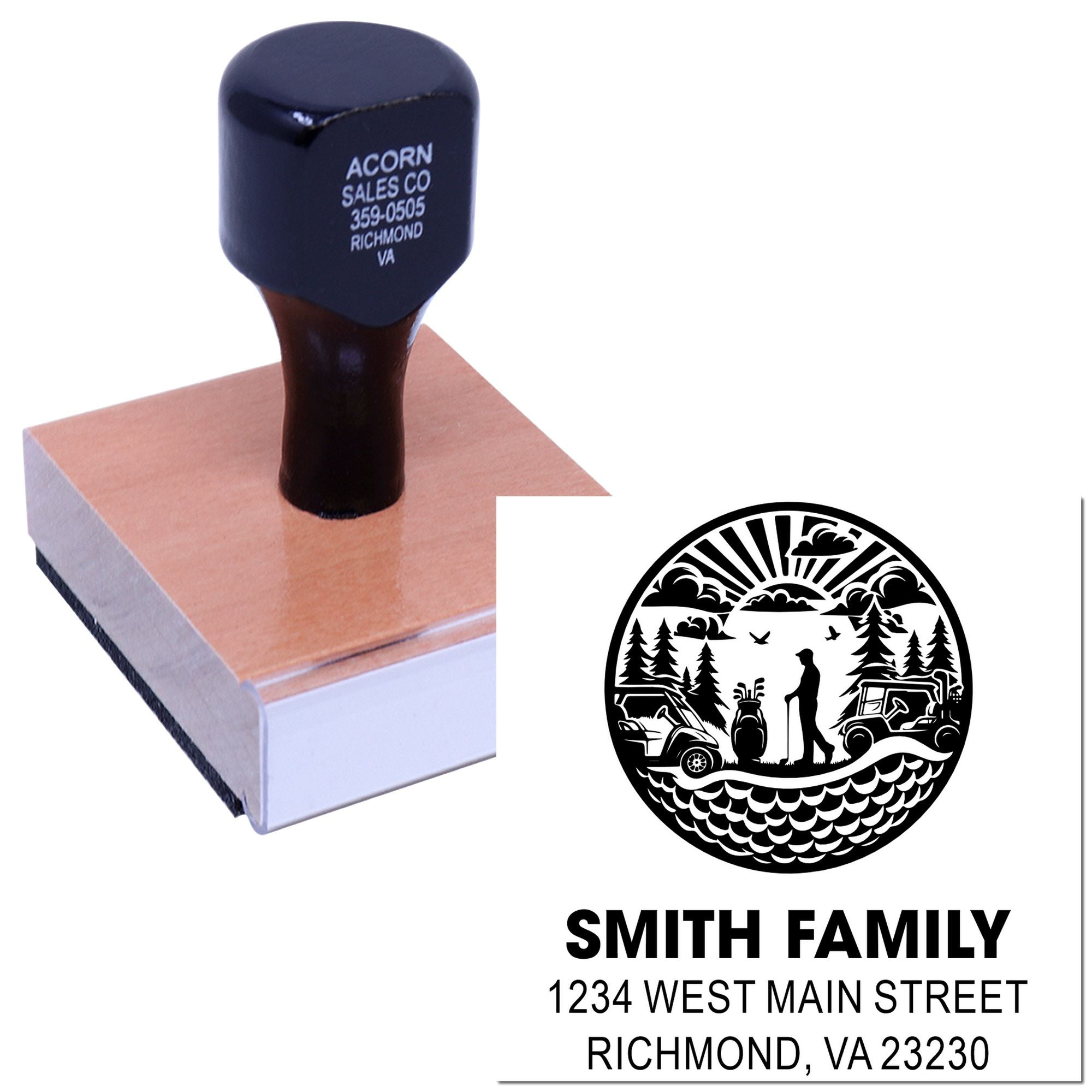 Custom rubber address stamp with family camping logo for return-address envelopes and personalized stationery.