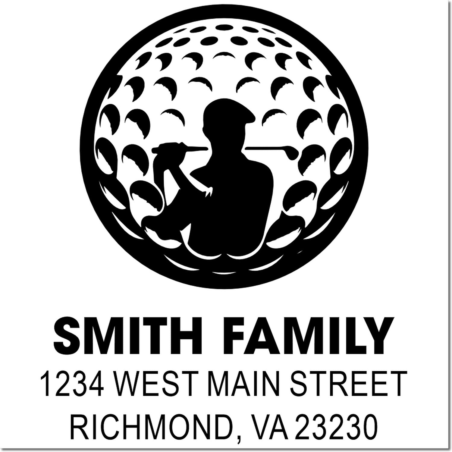 Custom family return address stamp with golfer logo, Smith Family, Richmond, VA 23230