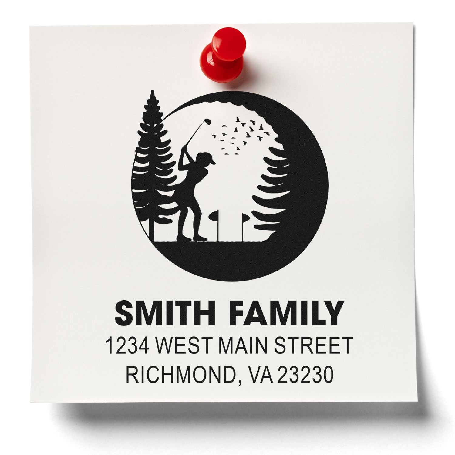 Custom golf return address rubber stamp for Smith Family, featuring golfer silhouette and Richmond, VA 23230 address.