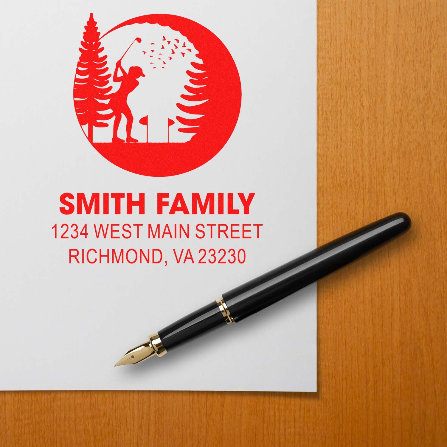 Custom return address rubber stamp with Smith family name, address, and golf-themed logo for personalized mail