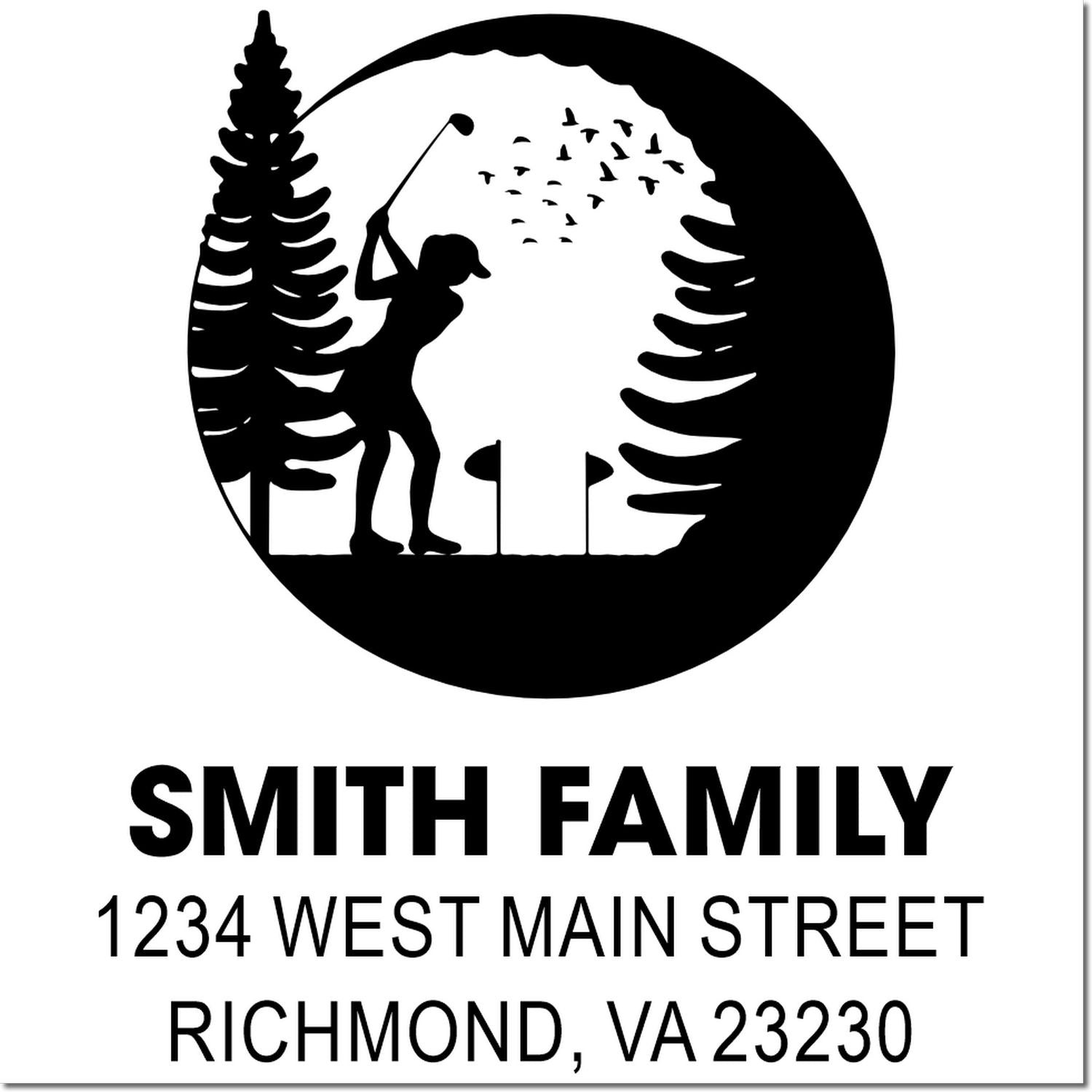 Custom family return address rubber stamp with golfer silhouette, pine trees, birds, and Smith family address.