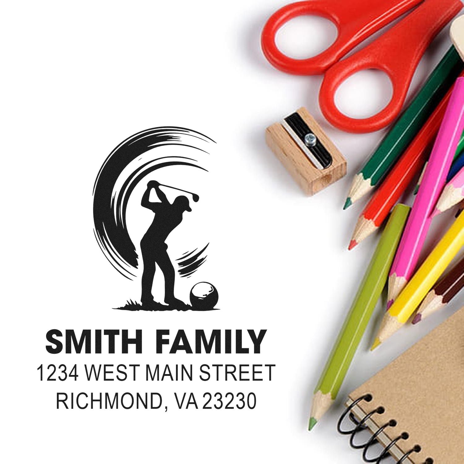 Personalized golf family return address rubber stamp with custom name and address for mailing stationery and home use