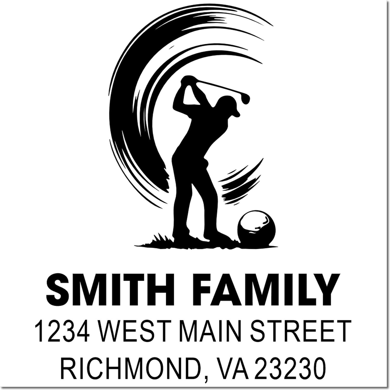 Personalized golf family address rubber stamp featuring golfer silhouette, Smith Family, 1234 West Main Street, Richmond, VA 23230