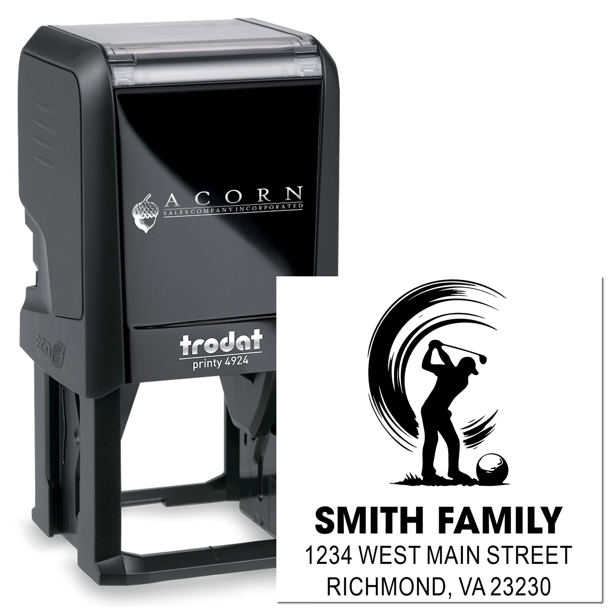 Custom self-inking rubber stamp with golf family return address design, Trodat Printy 4924 style