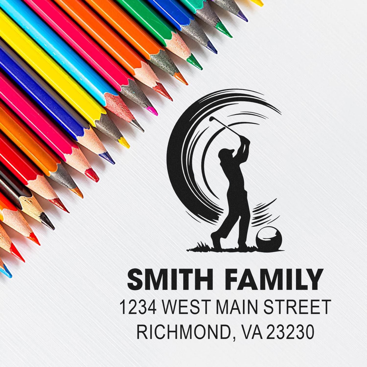 Custom golf family address rubber stamp with Smith Family name and Richmond, VA address.