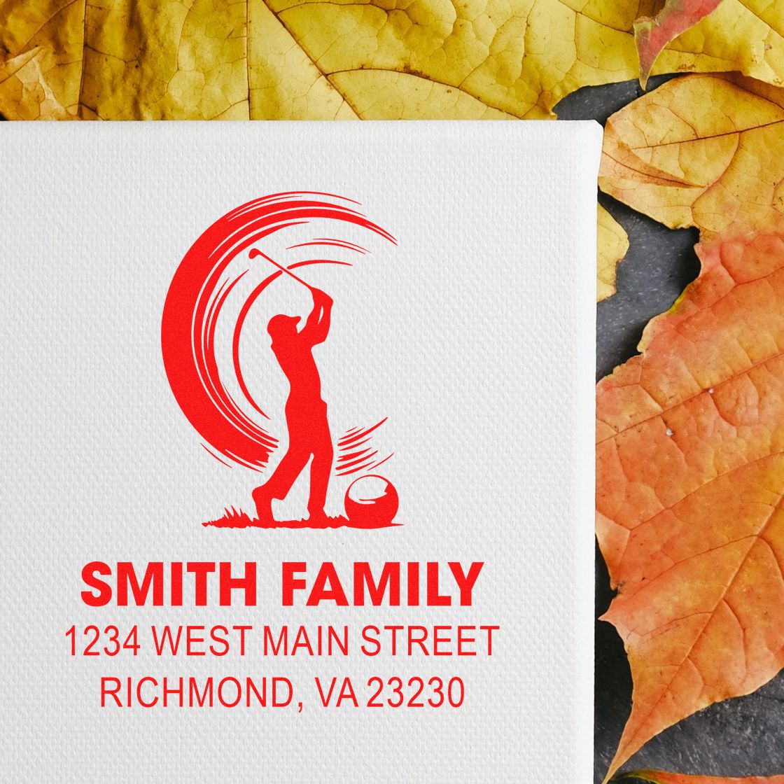 Custom golf-themed family return address rubber stamp with golfer silhouette, Smith Family, Richmond, VA.