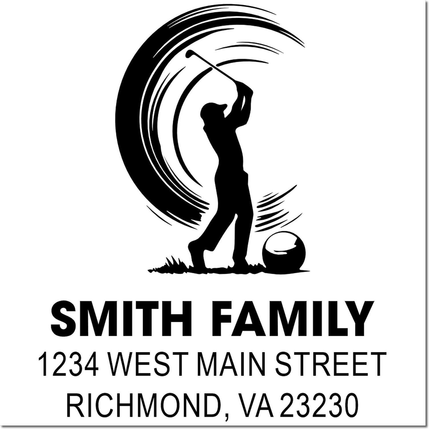 Custom golf family address rubber stamp with golfer silhouette, Smith Family, and Richmond, VA 23230 return address.