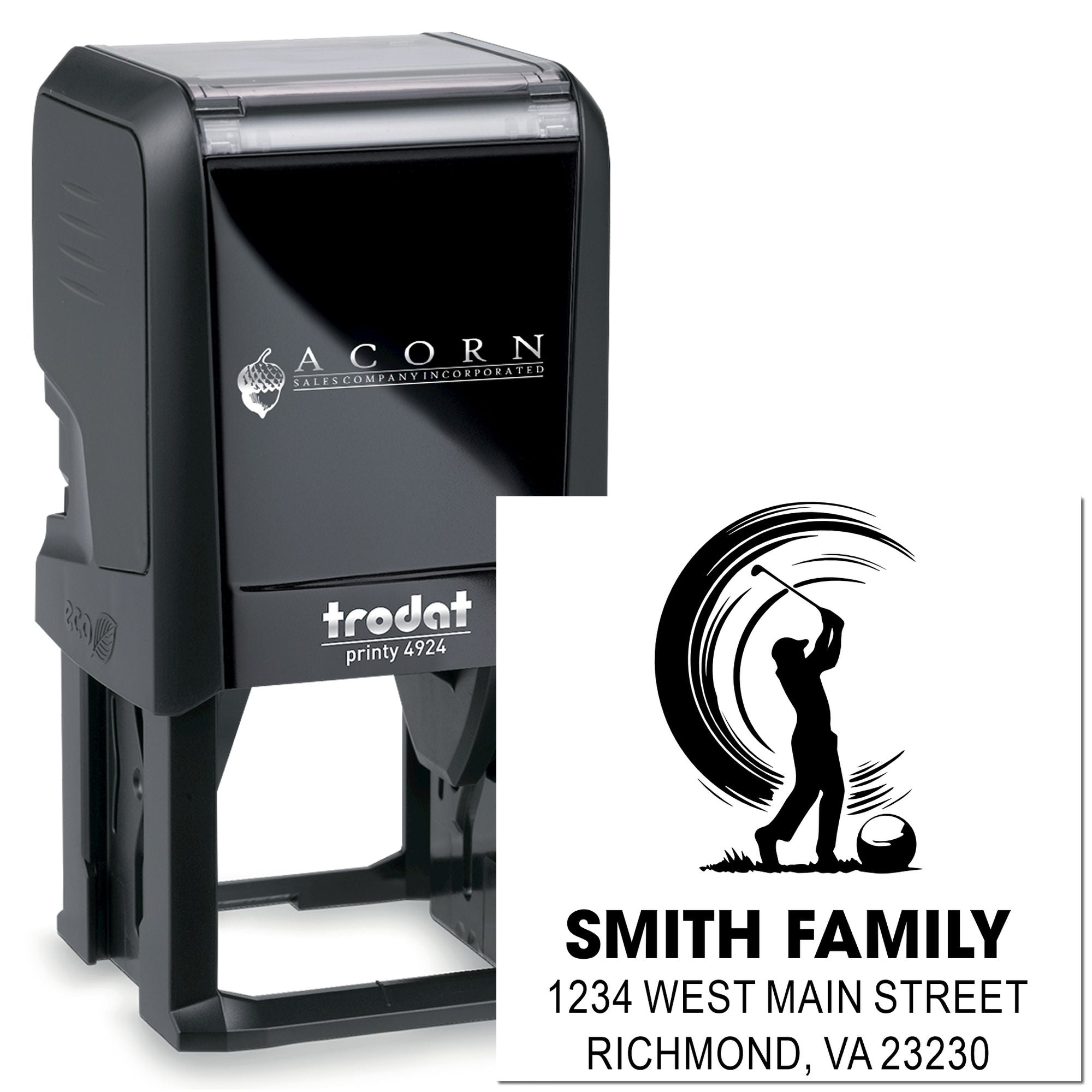 Custom self-inking return address rubber stamp for Smith Family, featuring a golfer logo and address.