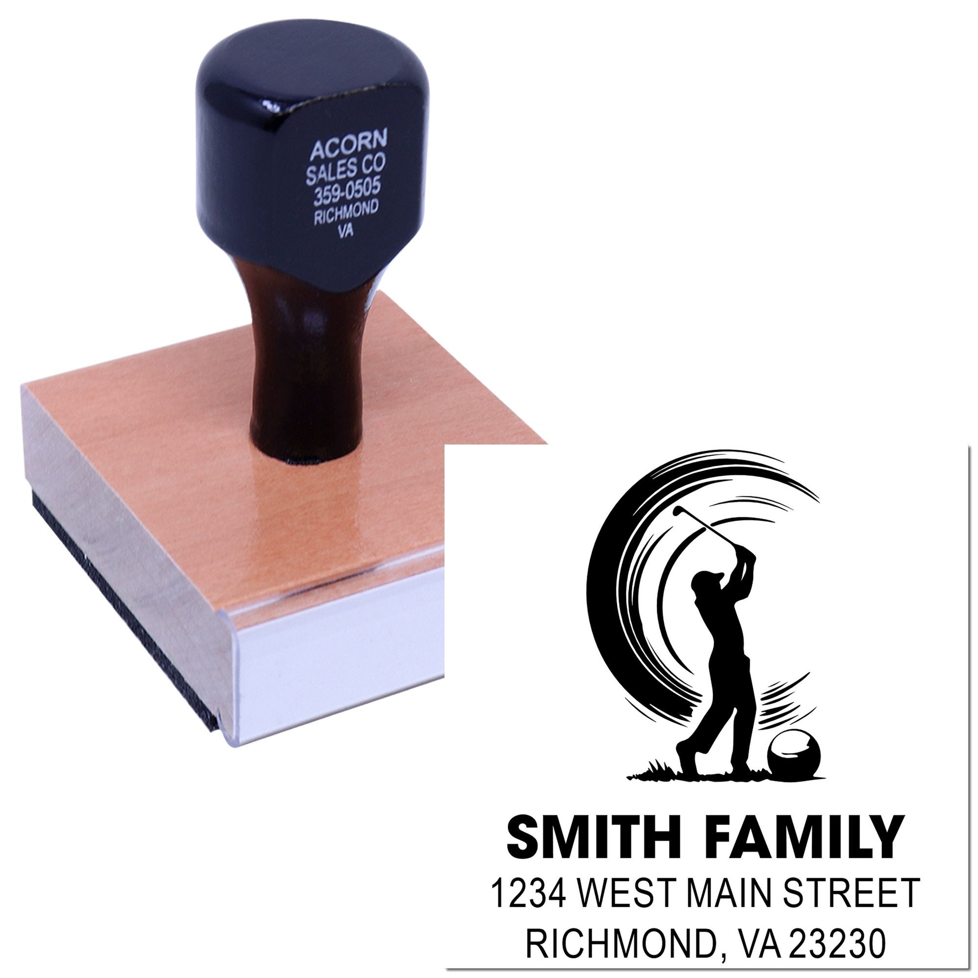Custom golf family address rubber stamp with golfer logo, Smith Family name, and Richmond, VA return address.