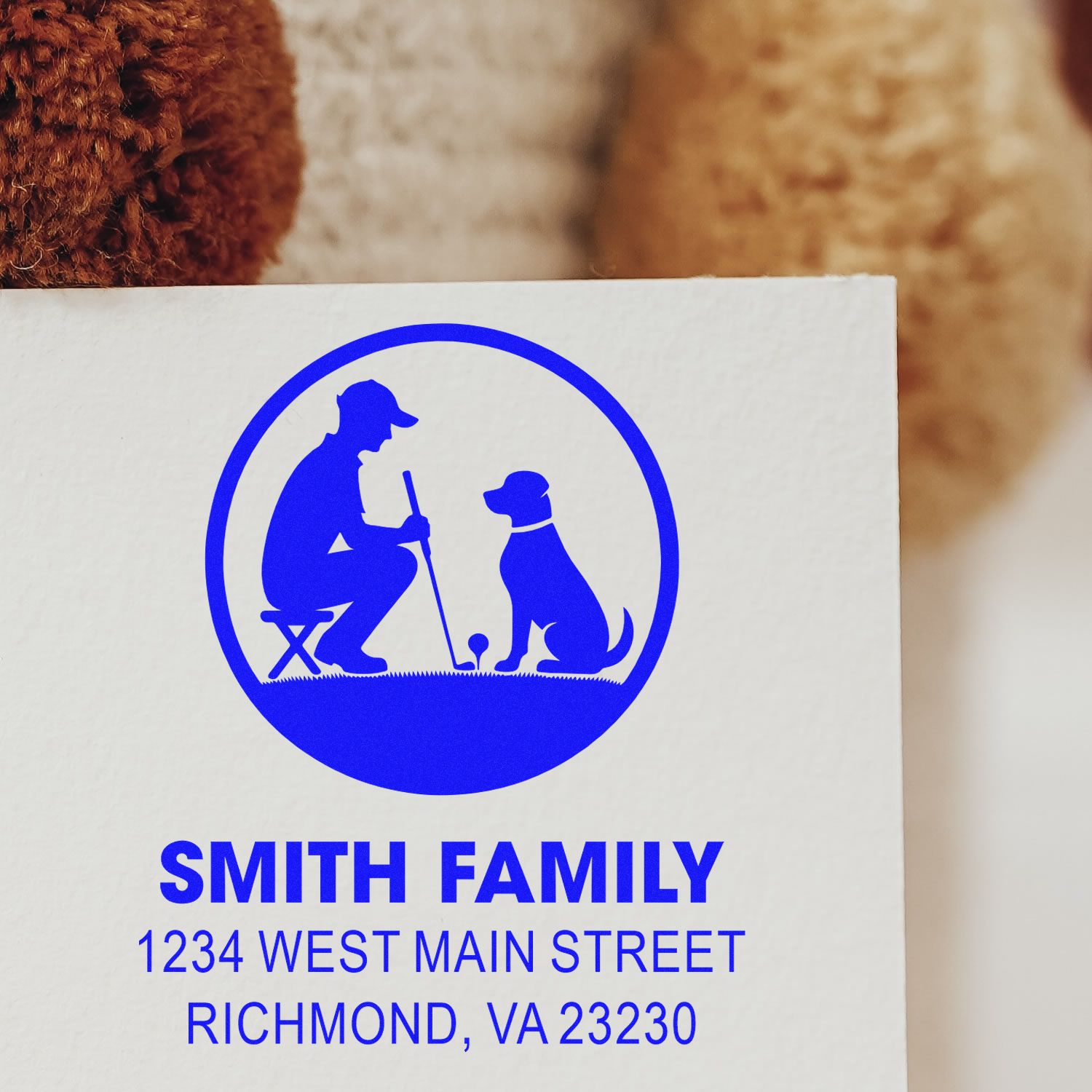 Personalized return address rubber stamp with golfer and dog logo for Smith Family, Richmond, VA.
