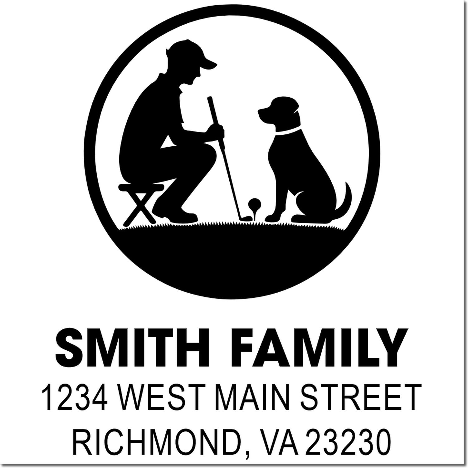 Custom golf family address rubber stamp with golfer, dog, Smith Family, and Richmond, VA return address.