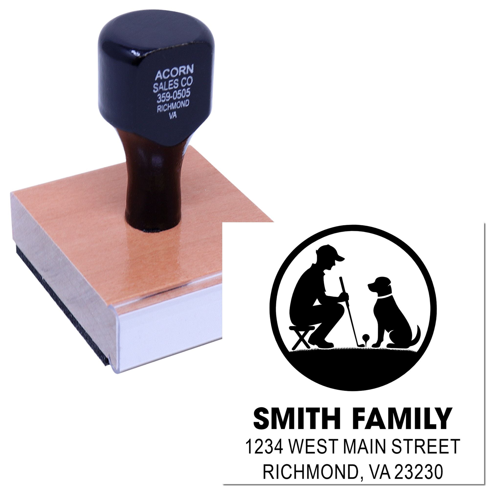 Custom rubber stamp with family logo and address, ideal for personalized mailing and home branding.