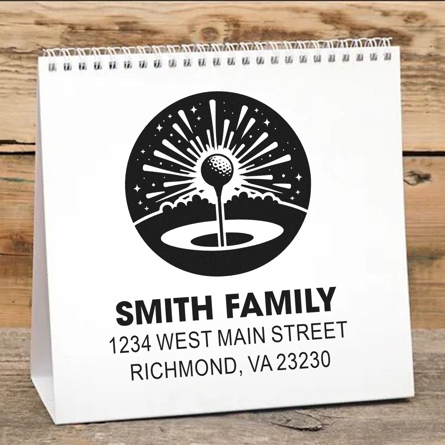Custom golf return address rubber stamp with family name and address, featuring a golf ball tee design for personalized mail.
