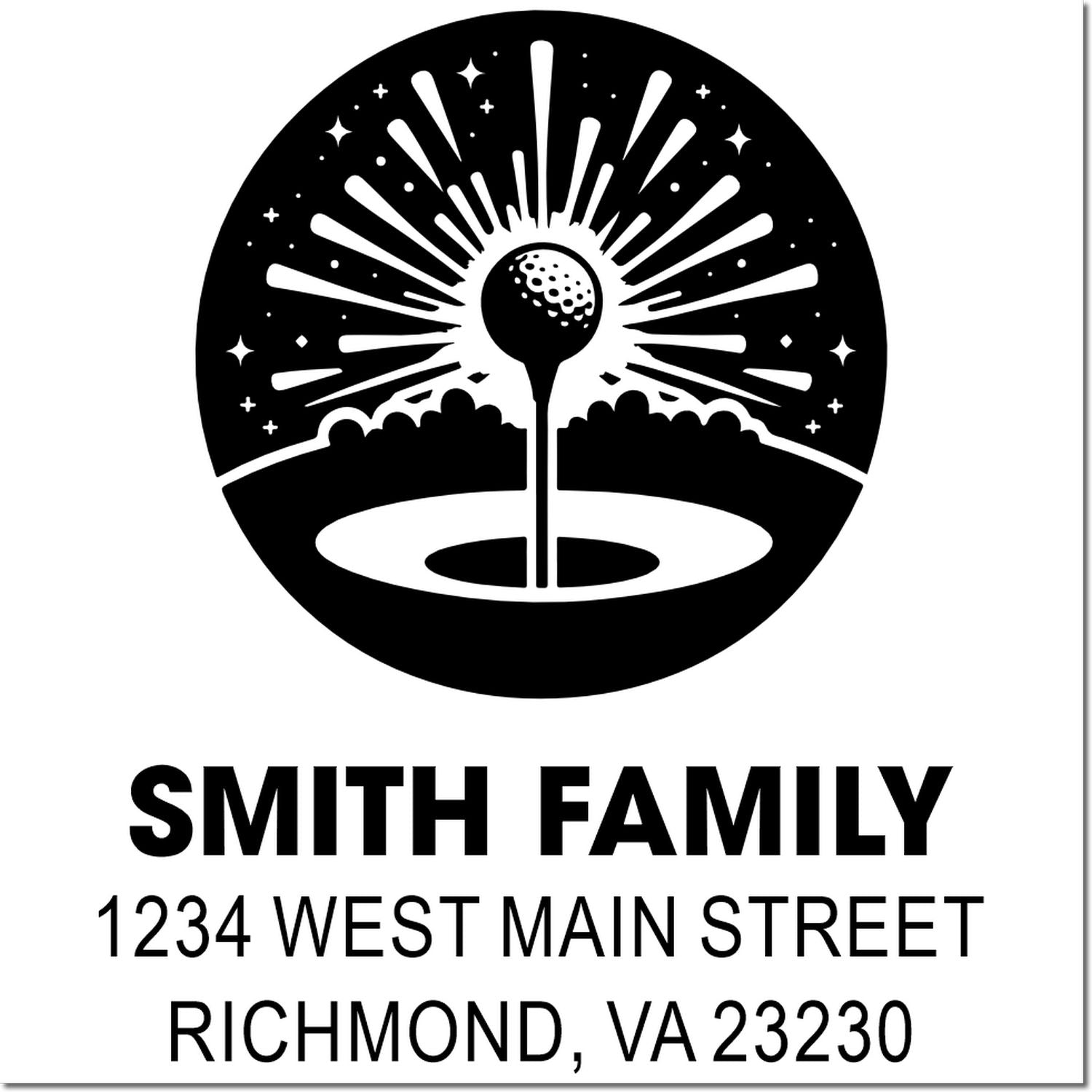 Personalized golf return address rubber stamp with Smith Family, 1234 West Main Street, Richmond, VA 23230, and sunburst golf design