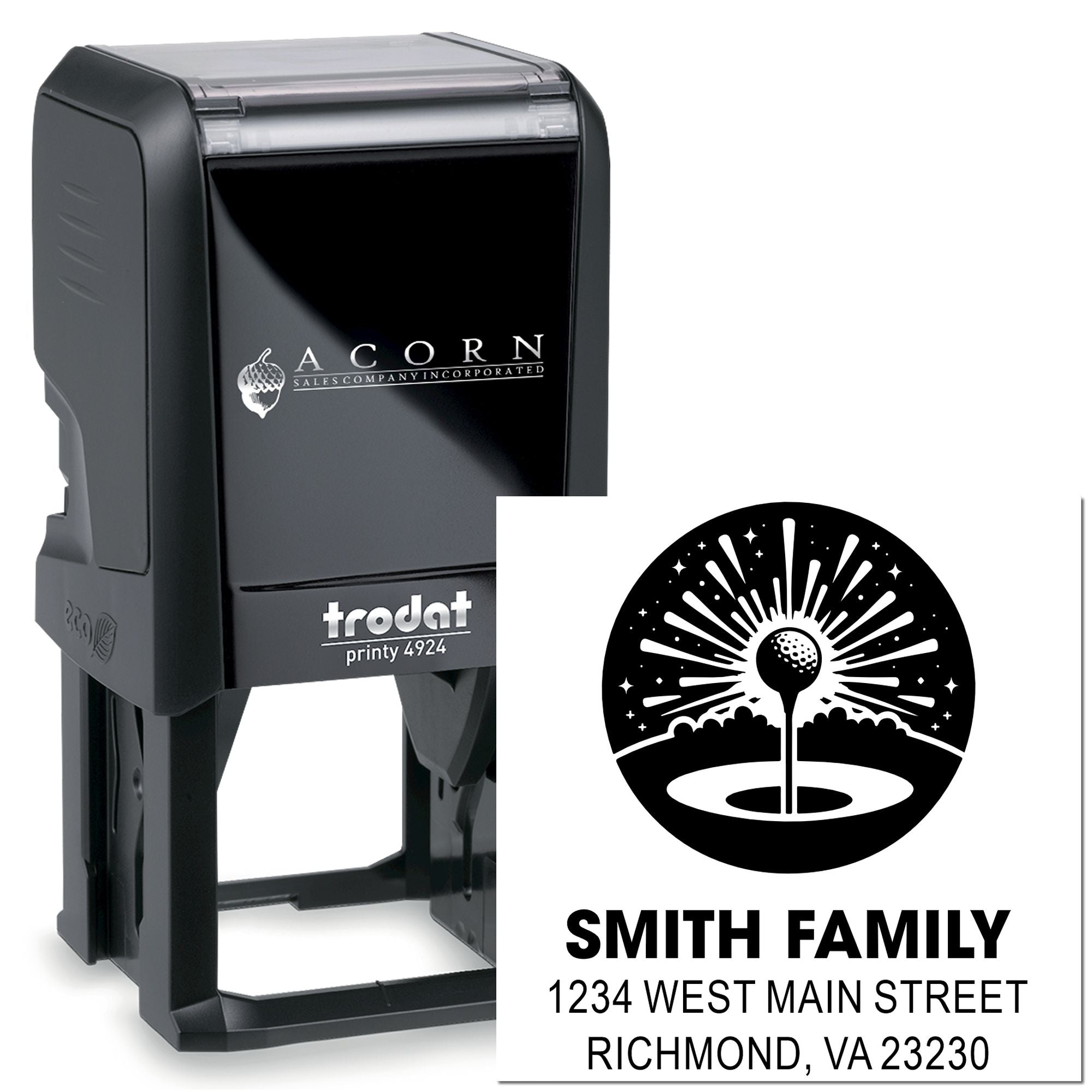Custom self-inking rubber address stamp with golf logo and Smith family return address for envelopes and mail.
