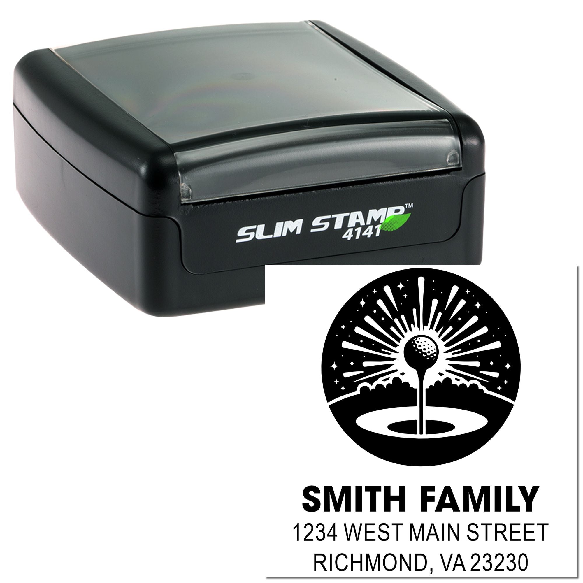 Slim Stamp 4141 self-inking rubber stamp with custom golf return address for Smith Family, Richmond, VA.