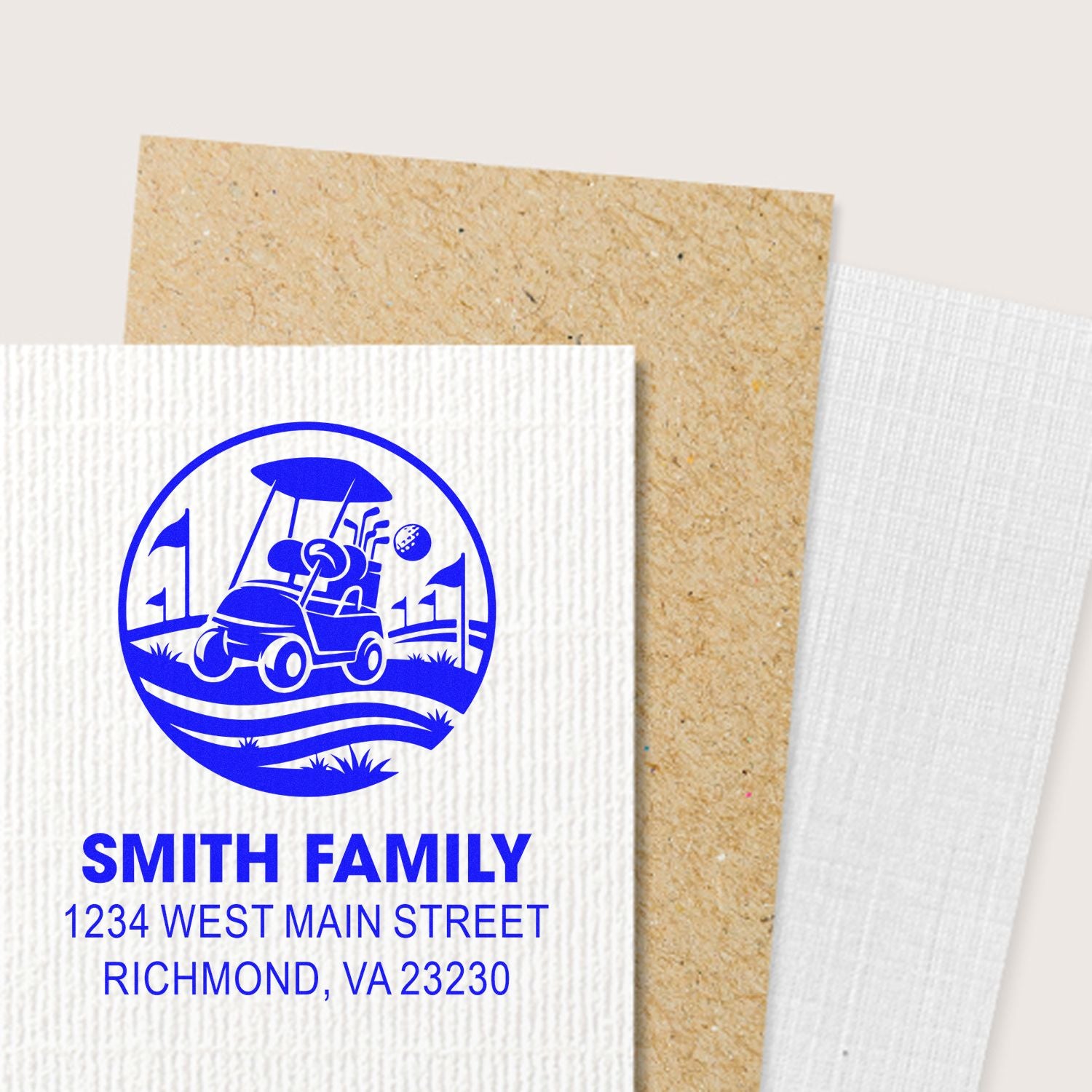 Custom golf-themed family address rubber stamp with Smith Family name and Richmond, VA address on paper