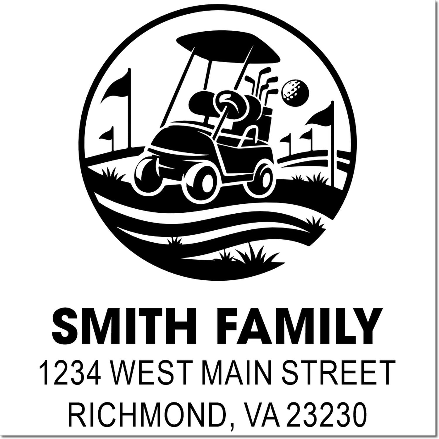 Custom golf cart family return address rubber stamp with Smith Family, 1234 West Main Street, Richmond, VA 23230