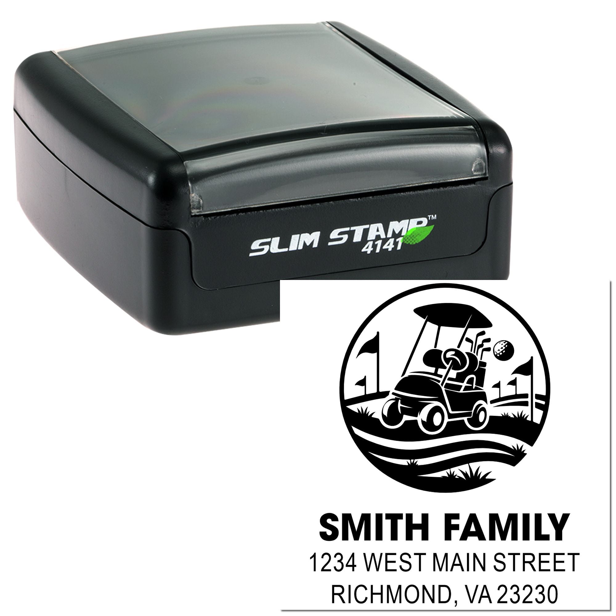 Custom Slim Stamp 4141 return address rubber stamp with golf cart family logo and Richmond, VA address imprint