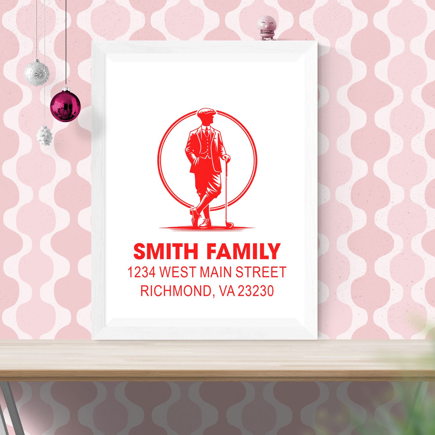 Custom golf-themed family return address rubber stamp with Smith Family, 1234 West Main Street, Richmond, VA 23230.
