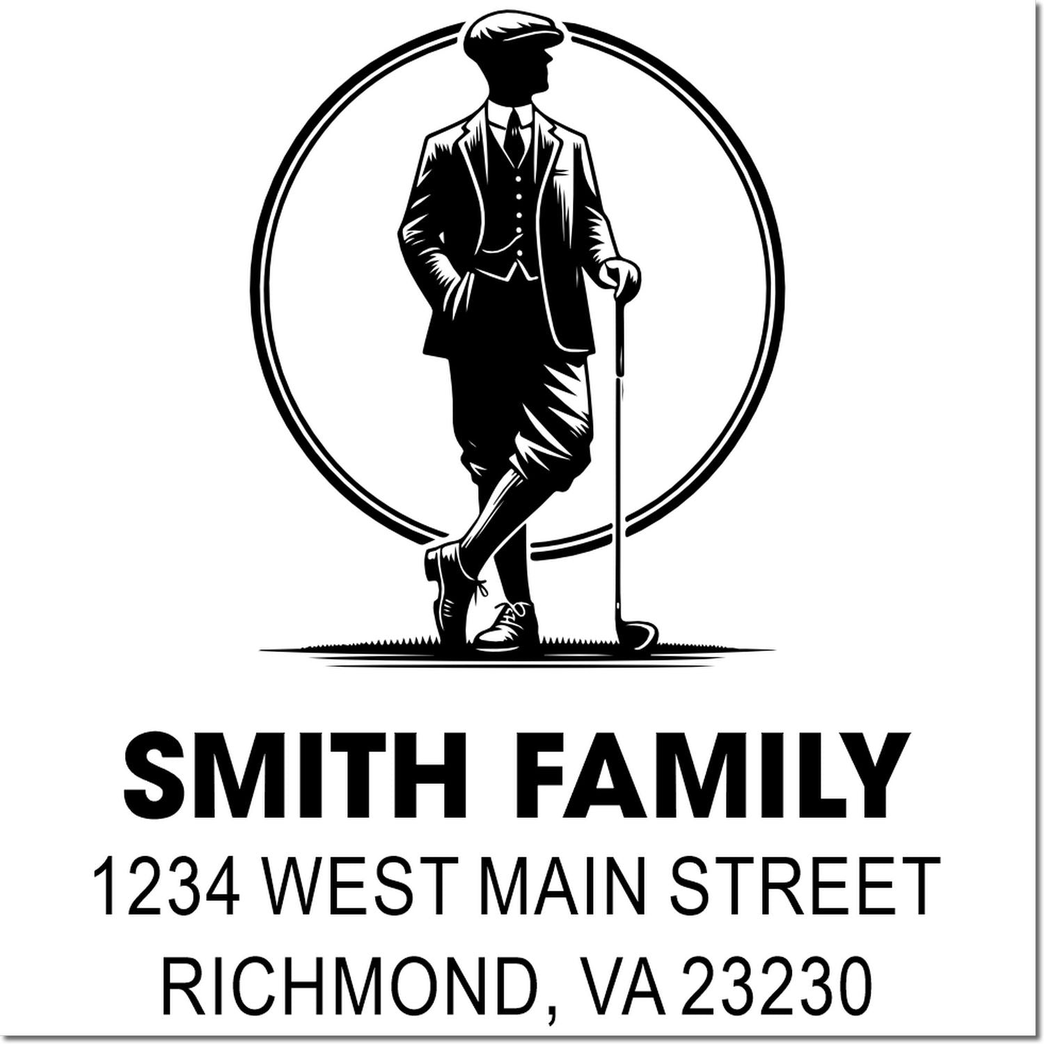 Custom family address rubber stamp with golfer silhouette, Smith Family, 1234 West Main Street, Richmond, VA 23230