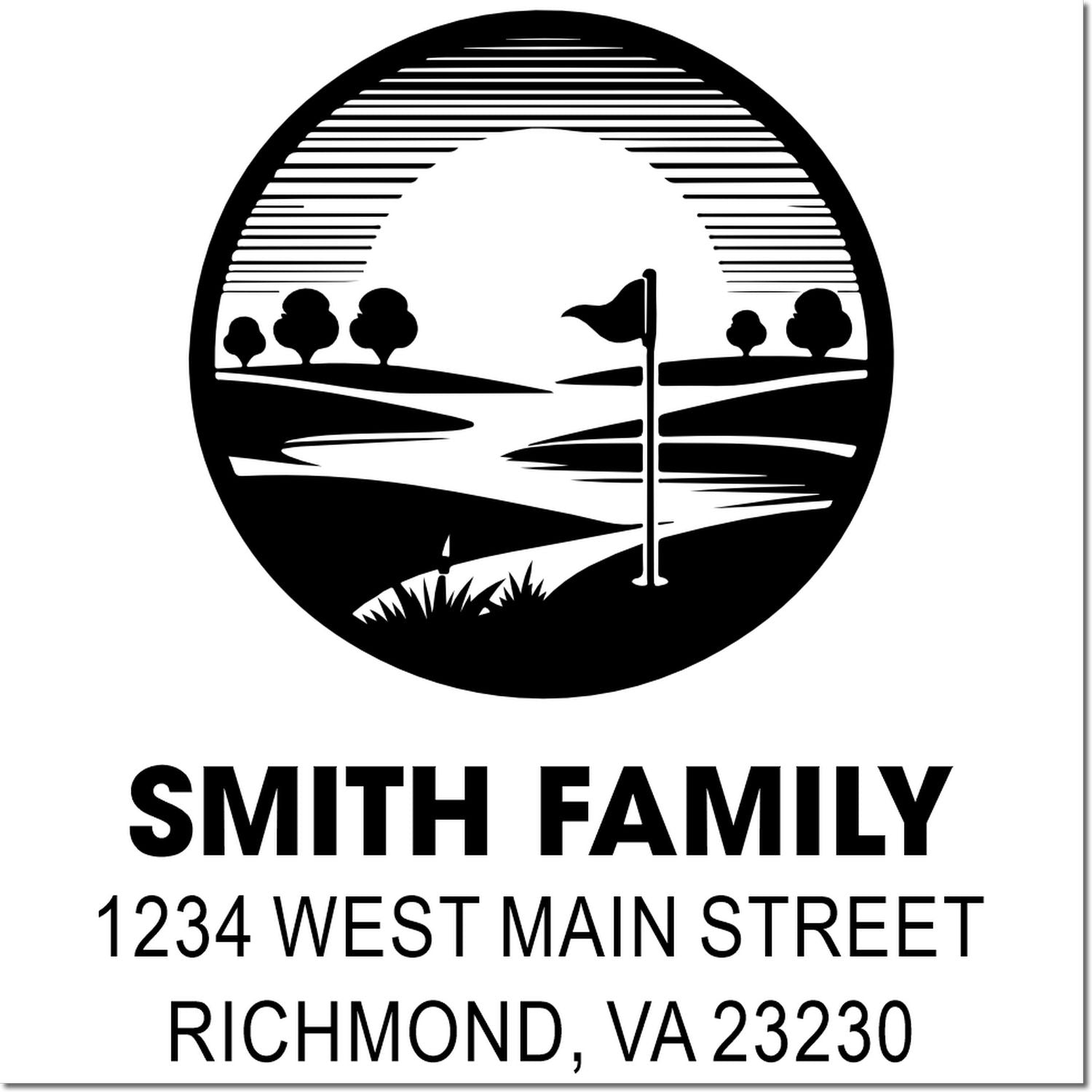 Personalized return address rubber stamp with golf course silhouette, Smith Family, 1234 West Main Street, Richmond, VA 23230.