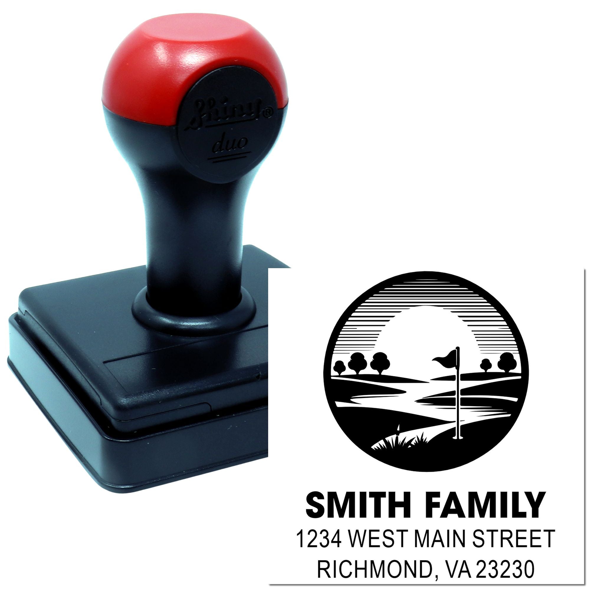 Custom self-inking rubber stamp with family address design, featuring Smith Family return address imprint.