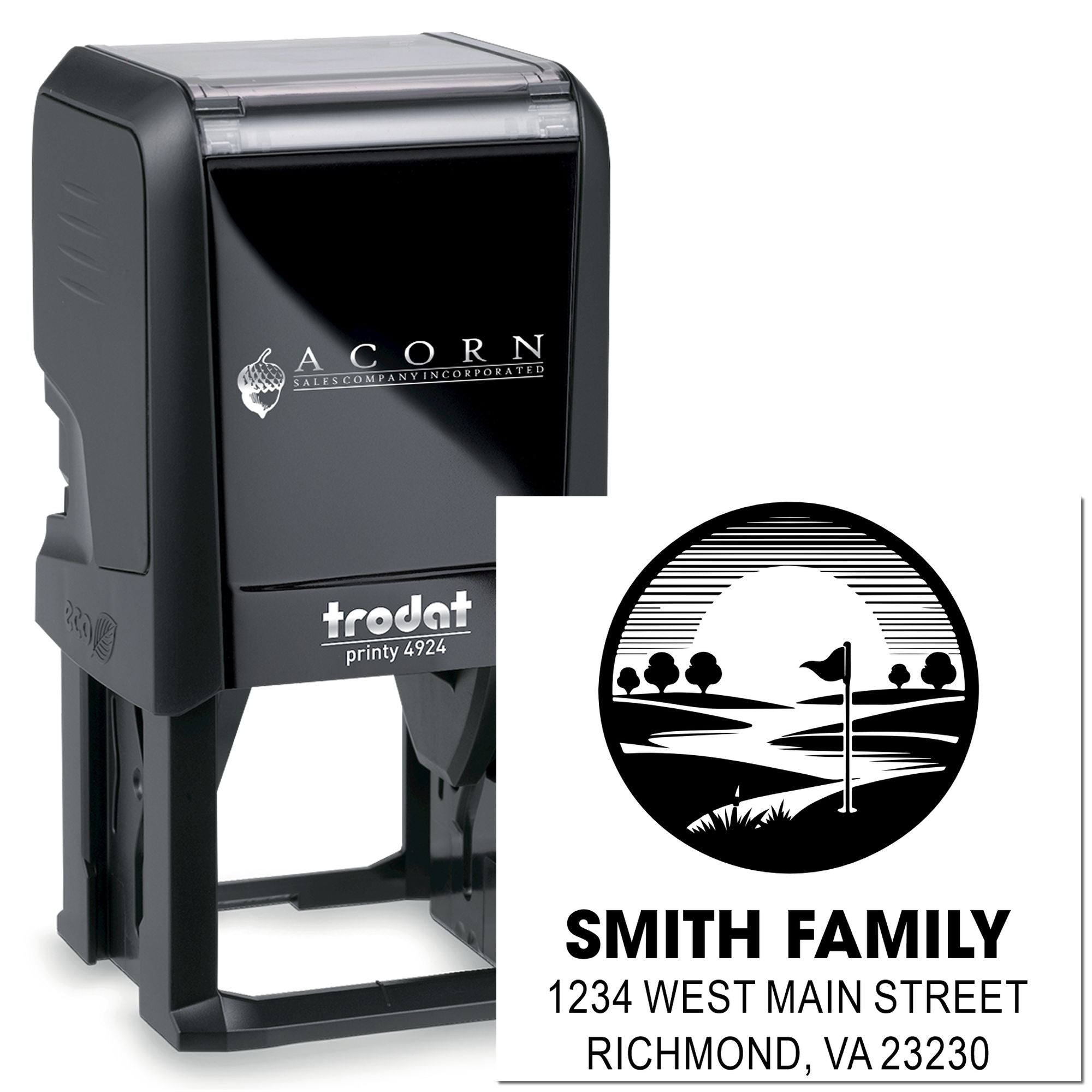 Custom self-inking rubber address stamp with Smith Family return address design for envelopes, weddings, and mailings.