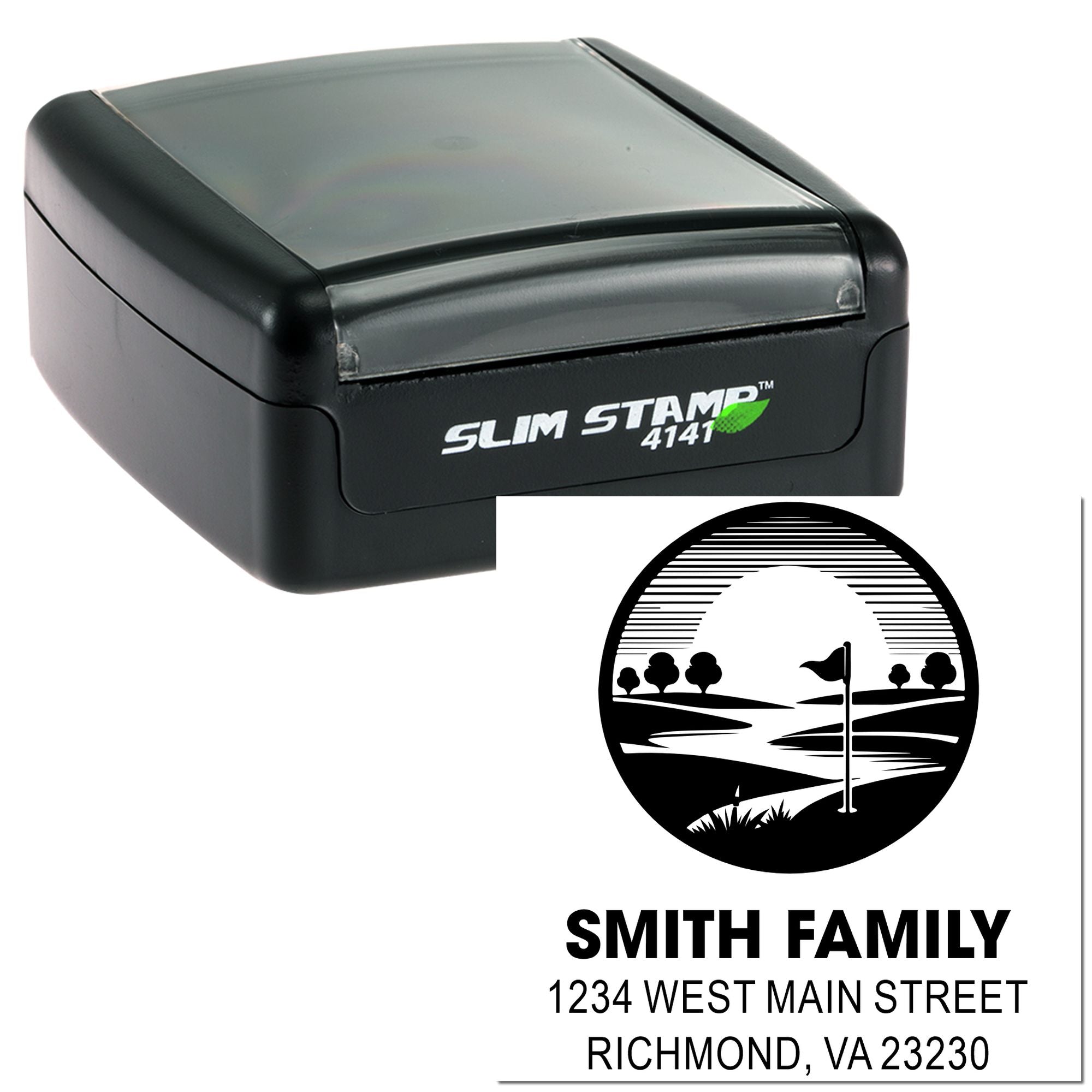 Custom self-inking return address rubber stamp for family mailings, featuring name and home address imprint