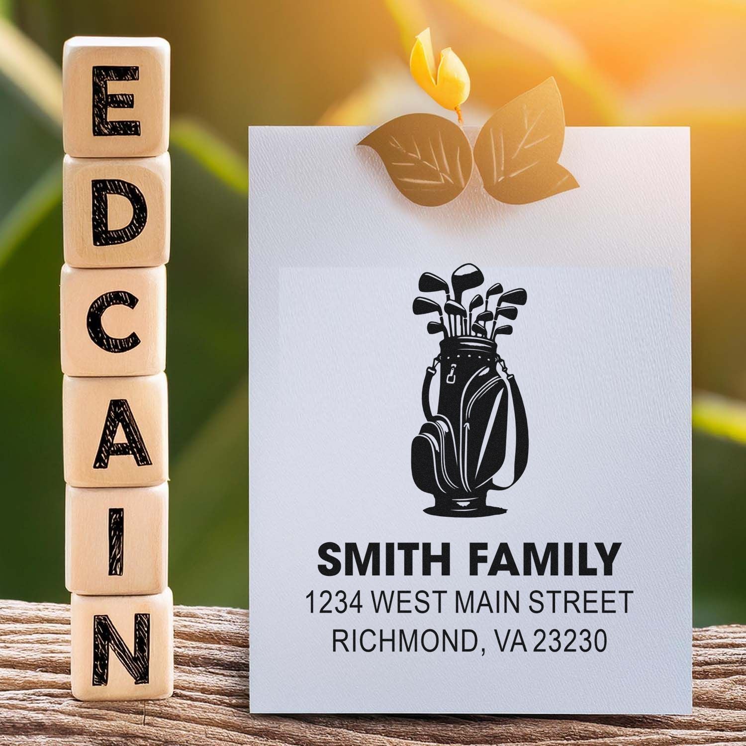 Custom family address rubber stamp with golf bag design and name Smith Family, featuring 1234 West Main Street, Richmond, VA.