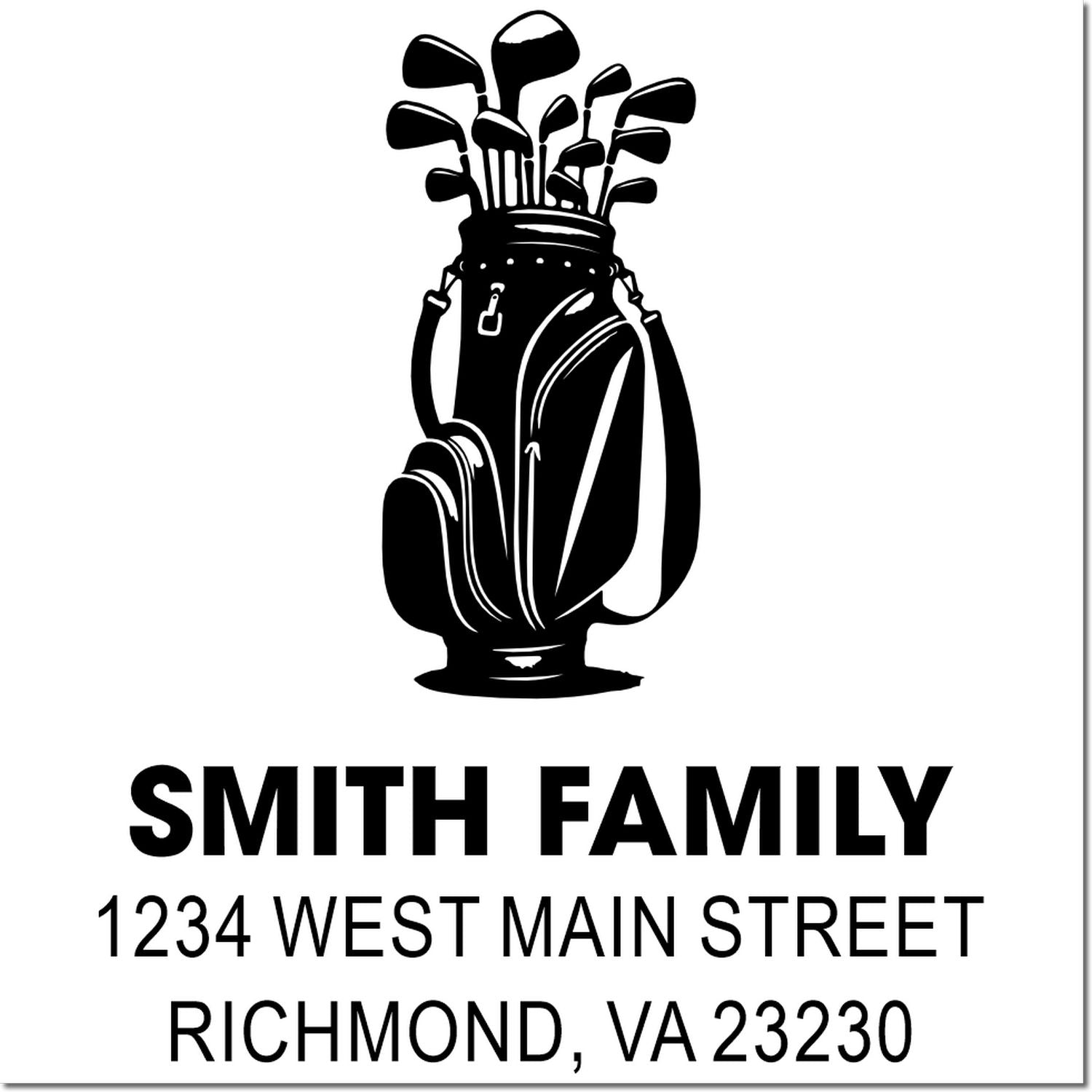 Custom golf bag return address rubber stamp for Smith Family, 1234 West Main Street, Richmond, VA 23230.