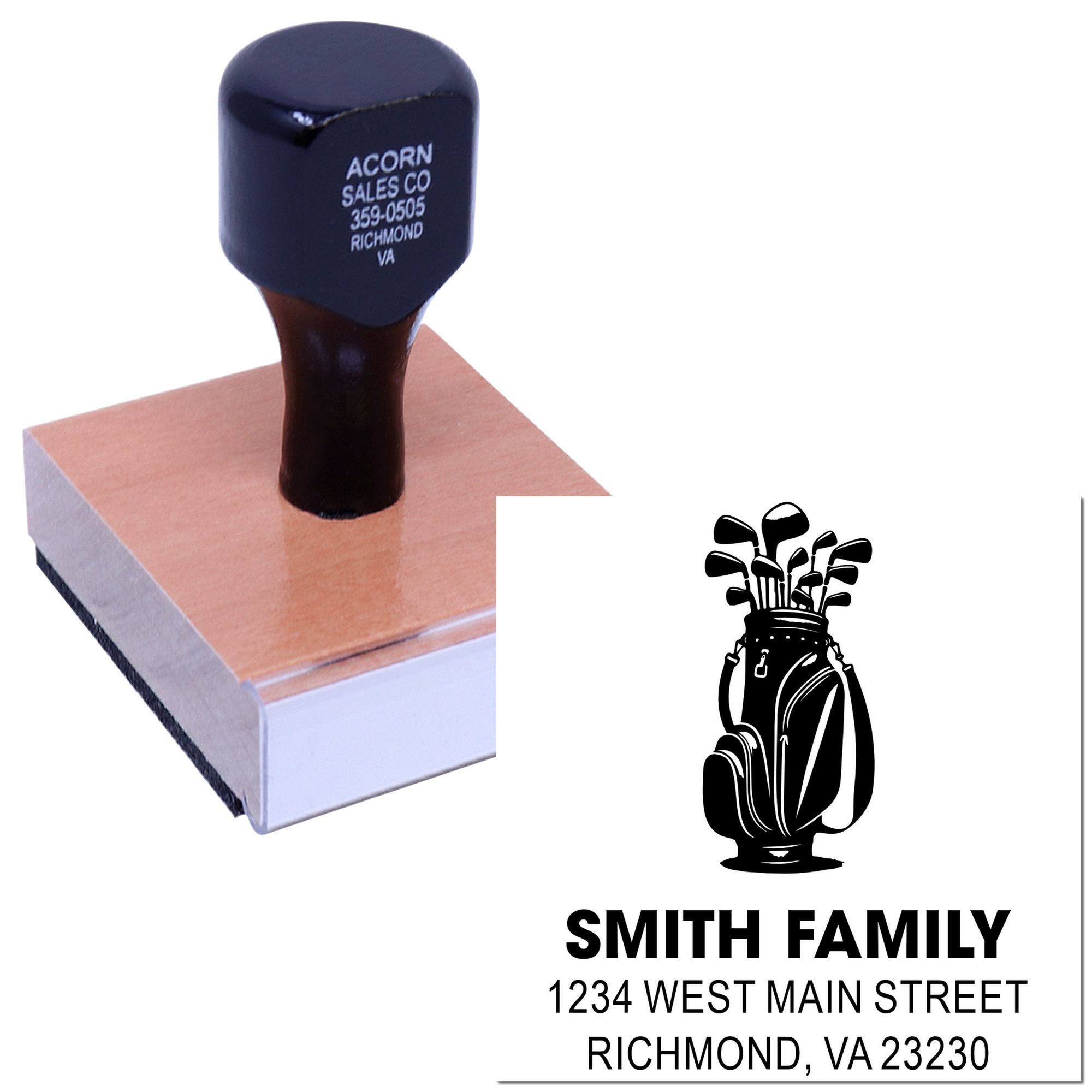 Custom address rubber stamp with golf bag logo and Smith Family return address for personalized mailing.
