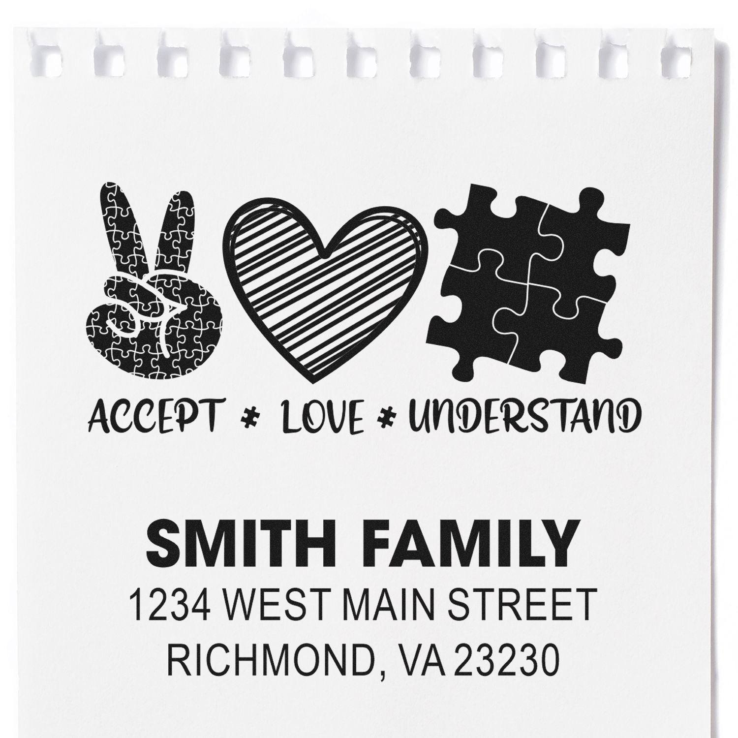 Custom family rubber stamp with Accept Love Understand design, Smith Family name, and return address for personalized mailing.