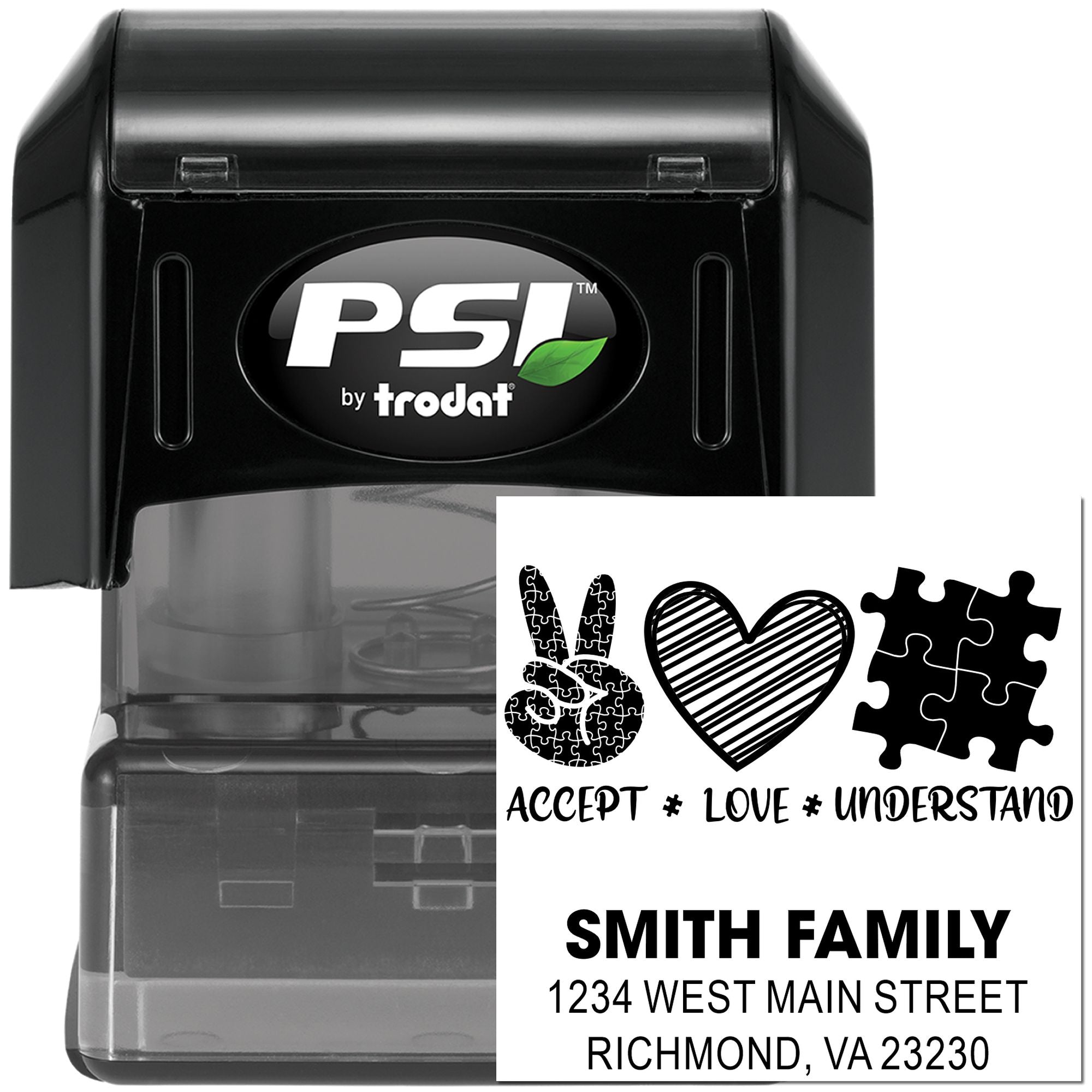 Custom self-inking rubber stamp by PSI Trodat with family name, address, and Accept Love Understand design for personalized use.